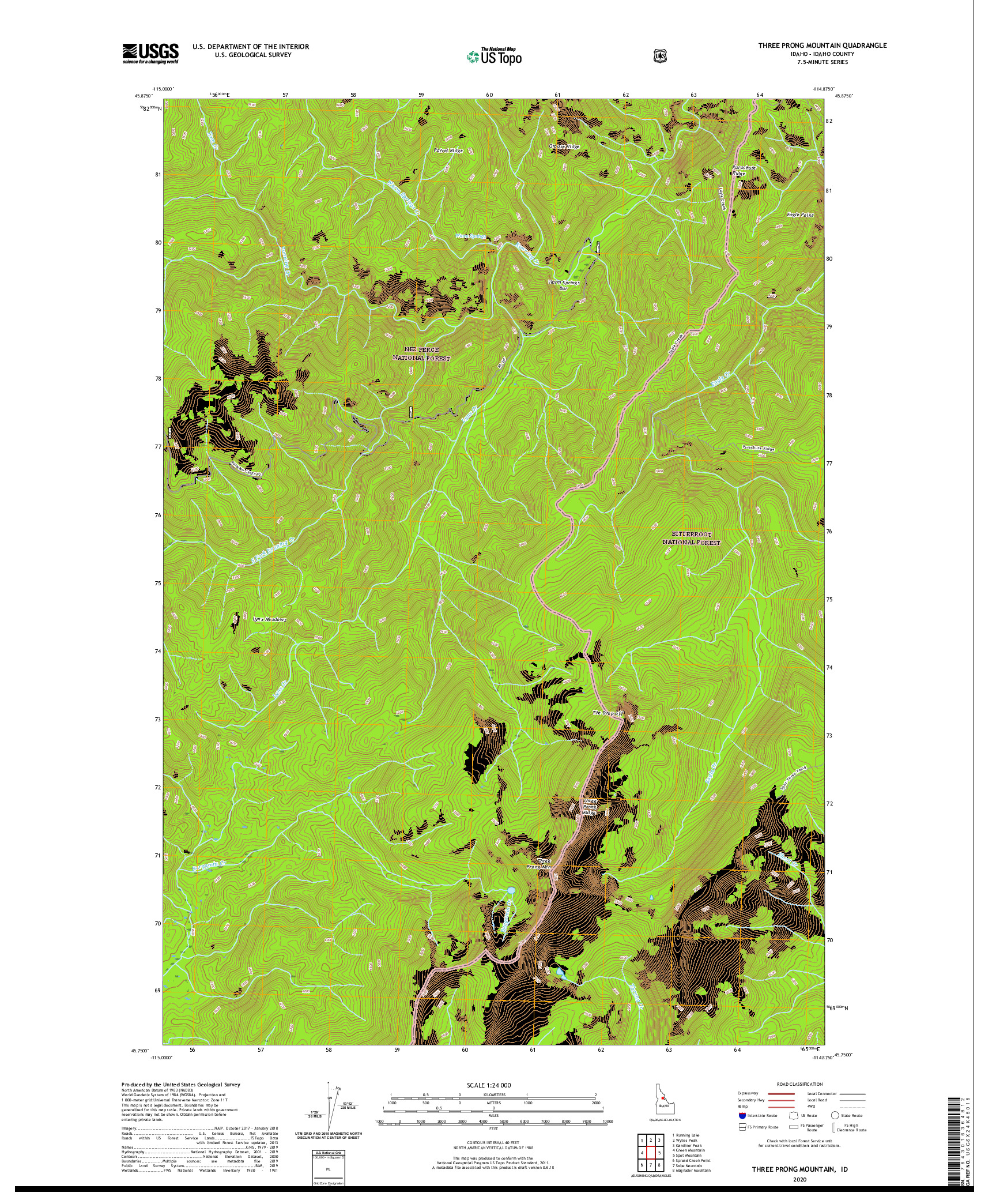 USGS US TOPO 7.5-MINUTE MAP FOR THREE PRONG MOUNTAIN, ID 2020