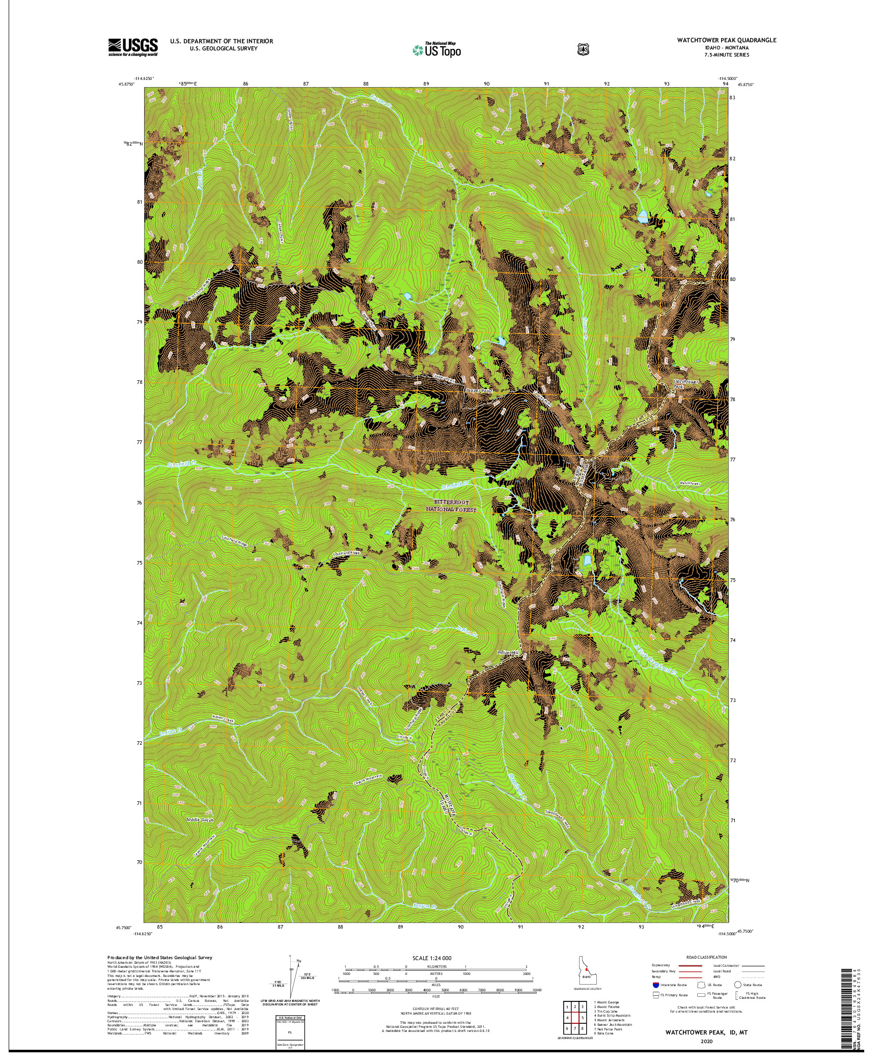USGS US TOPO 7.5-MINUTE MAP FOR WATCHTOWER PEAK, ID,MT 2020