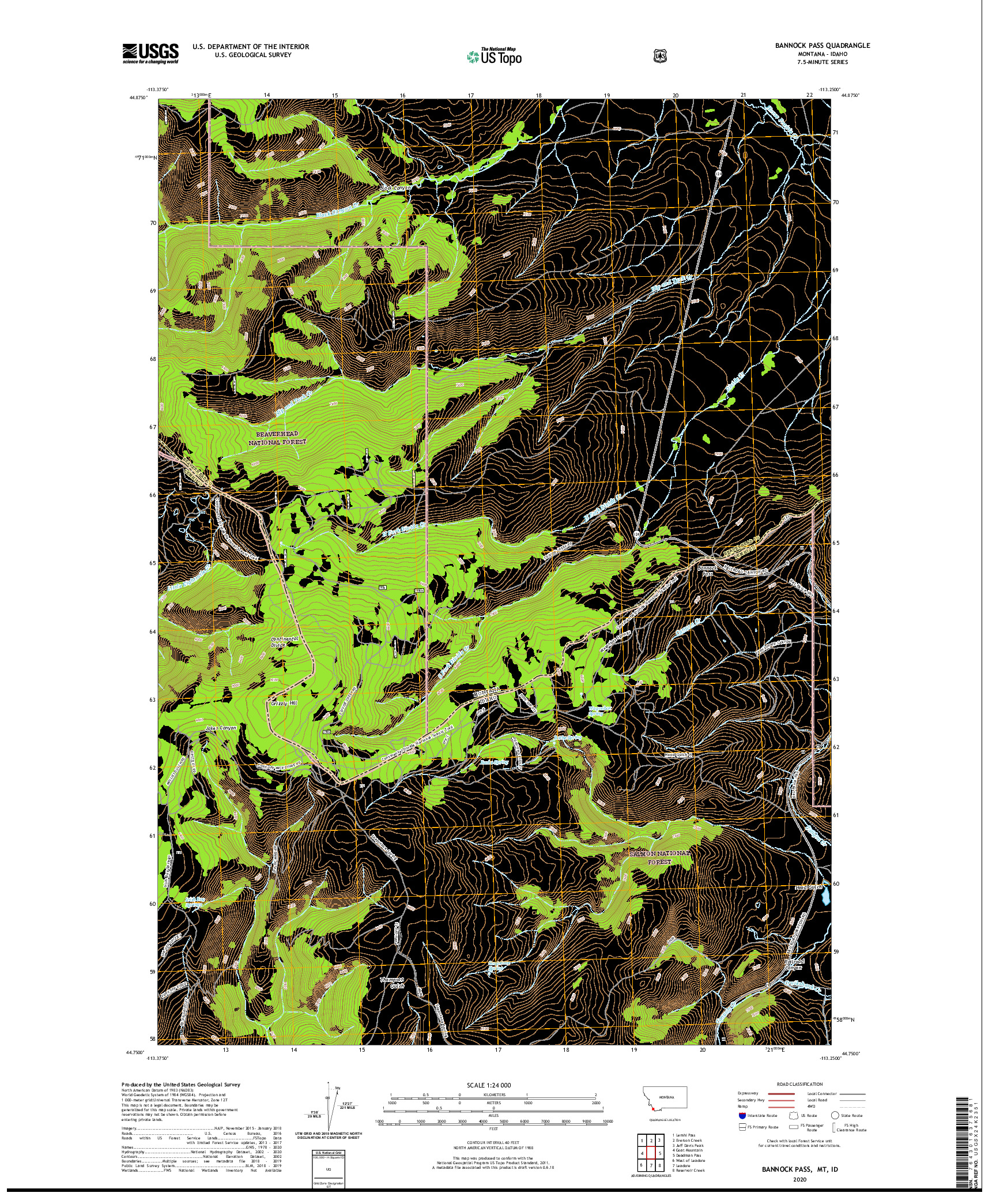 USGS US TOPO 7.5-MINUTE MAP FOR BANNOCK PASS, MT,ID 2020