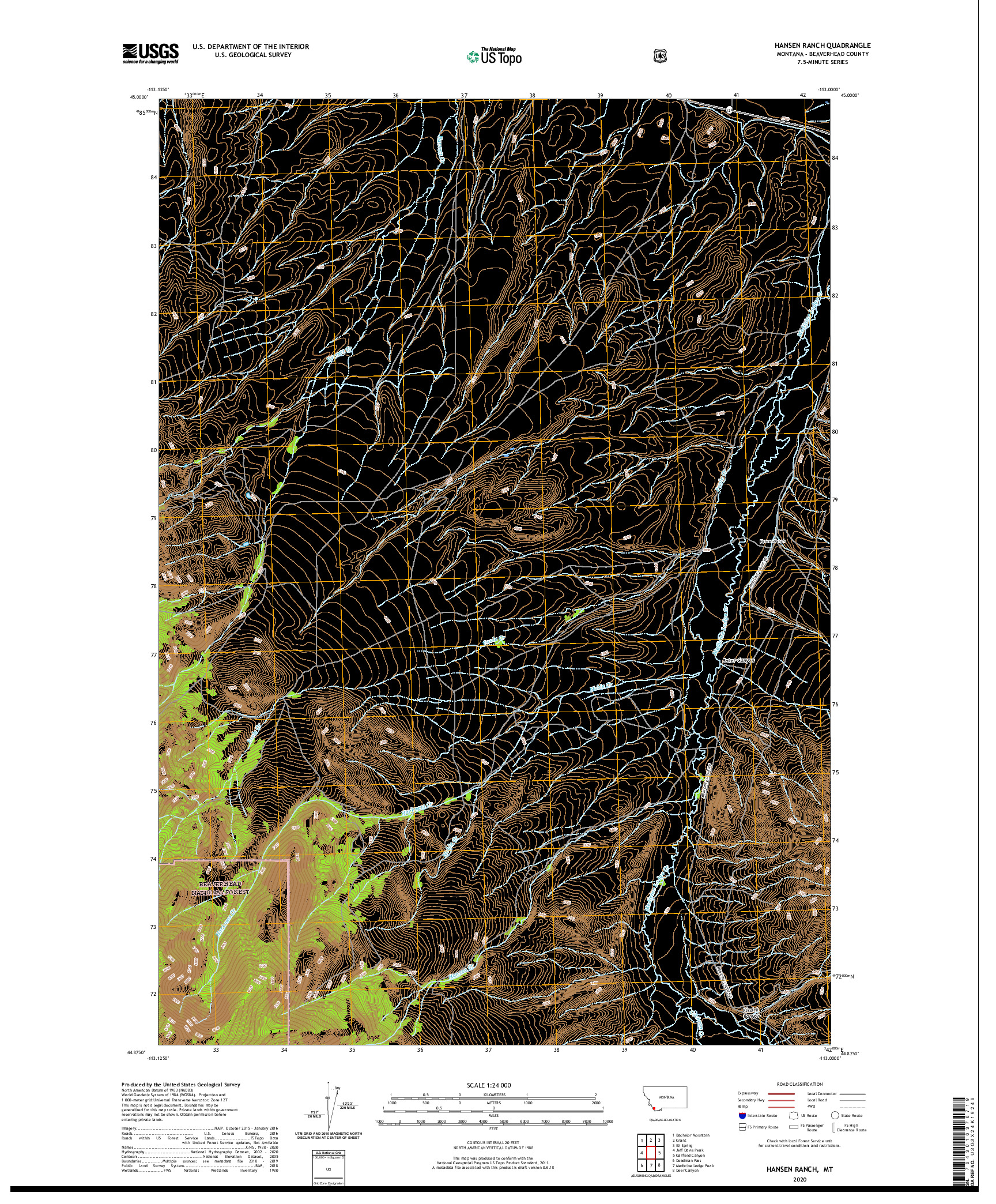 USGS US TOPO 7.5-MINUTE MAP FOR HANSEN RANCH, MT 2020