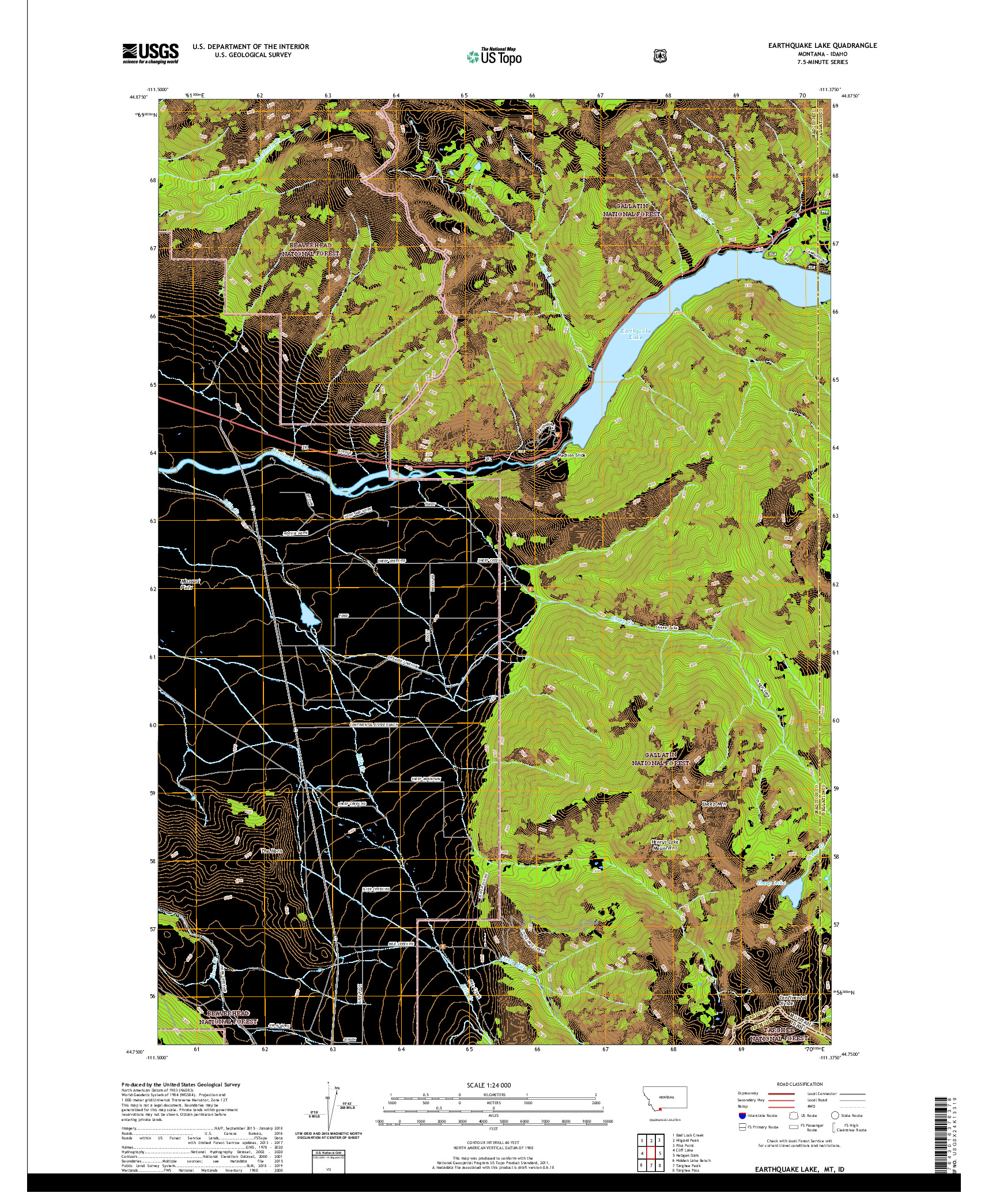 USGS US TOPO 7.5-MINUTE MAP FOR EARTHQUAKE LAKE, MT,ID 2020