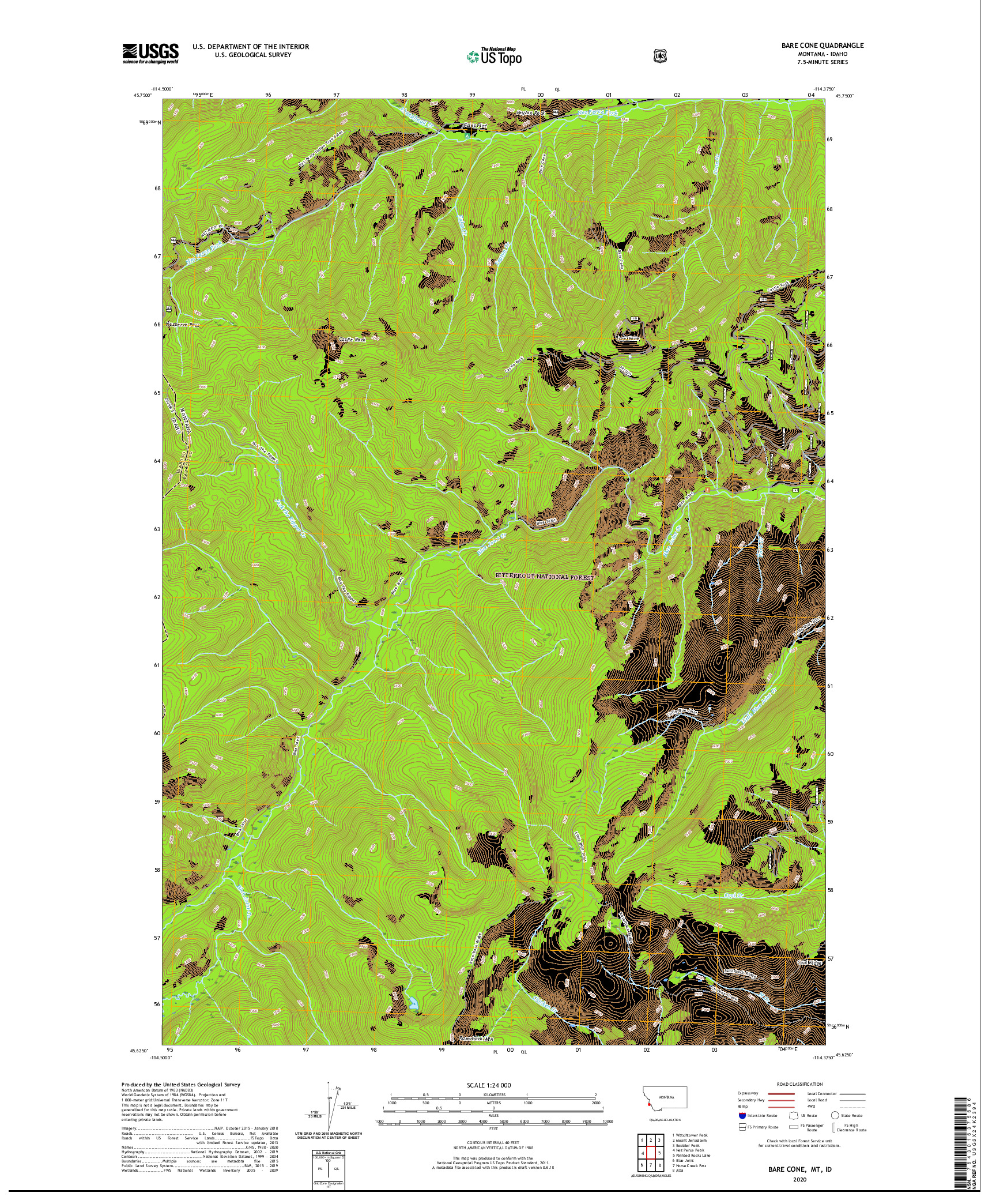 USGS US TOPO 7.5-MINUTE MAP FOR BARE CONE, MT,ID 2020