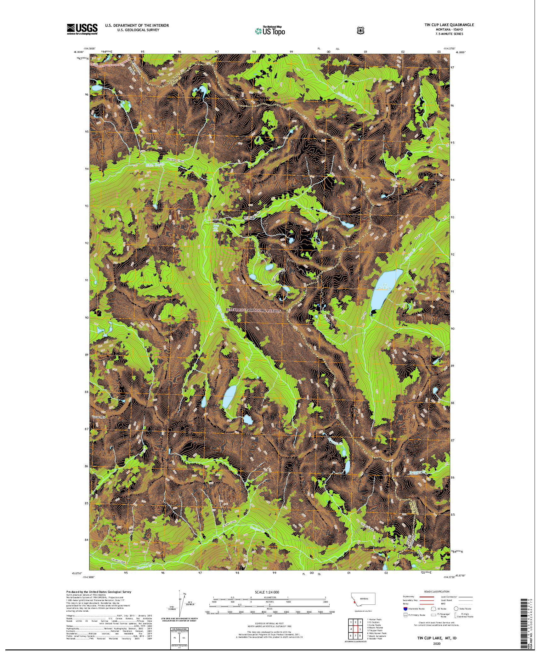 USGS US TOPO 7.5-MINUTE MAP FOR TIN CUP LAKE, MT,ID 2020