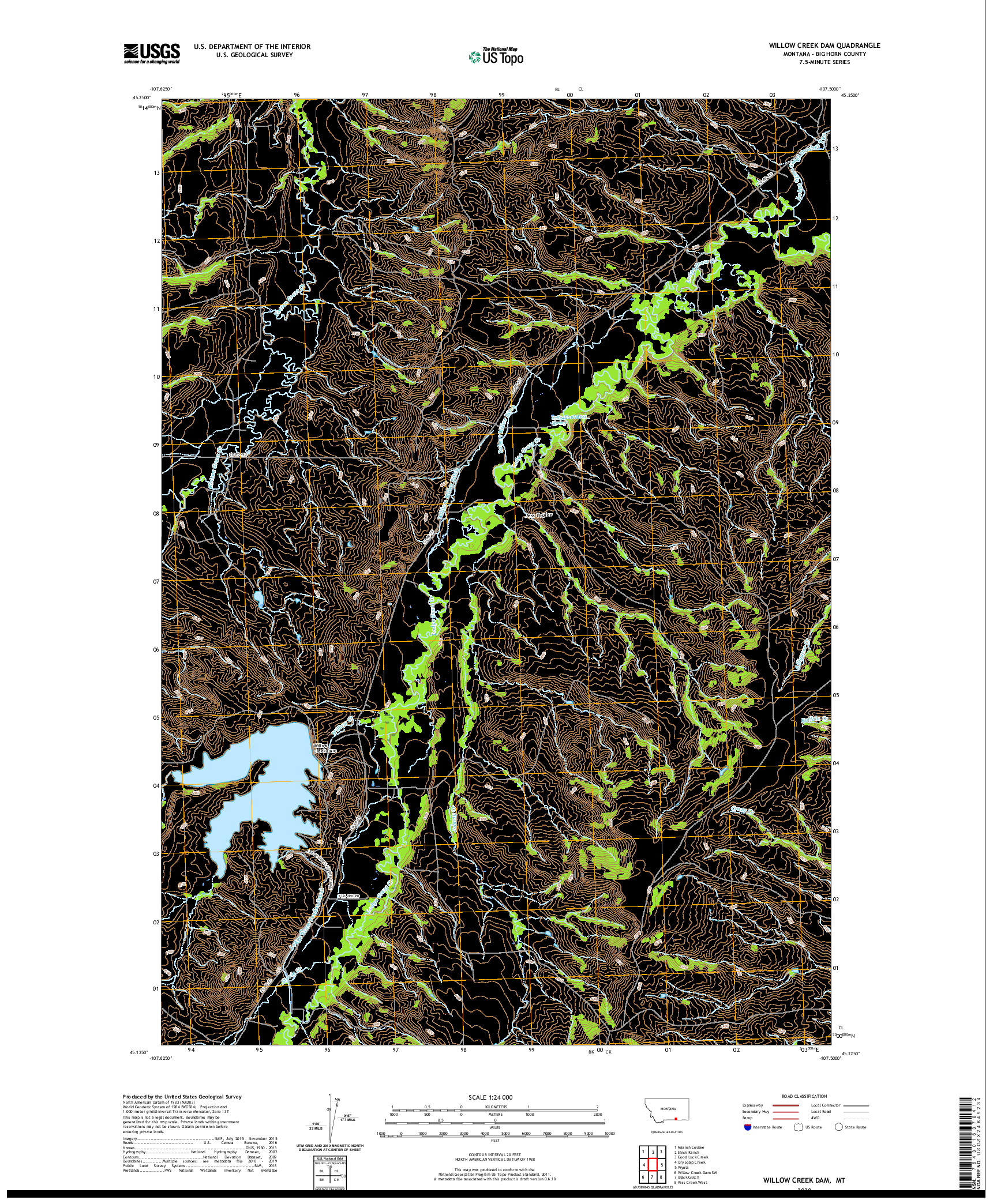 USGS US TOPO 7.5-MINUTE MAP FOR WILLOW CREEK DAM, MT 2020