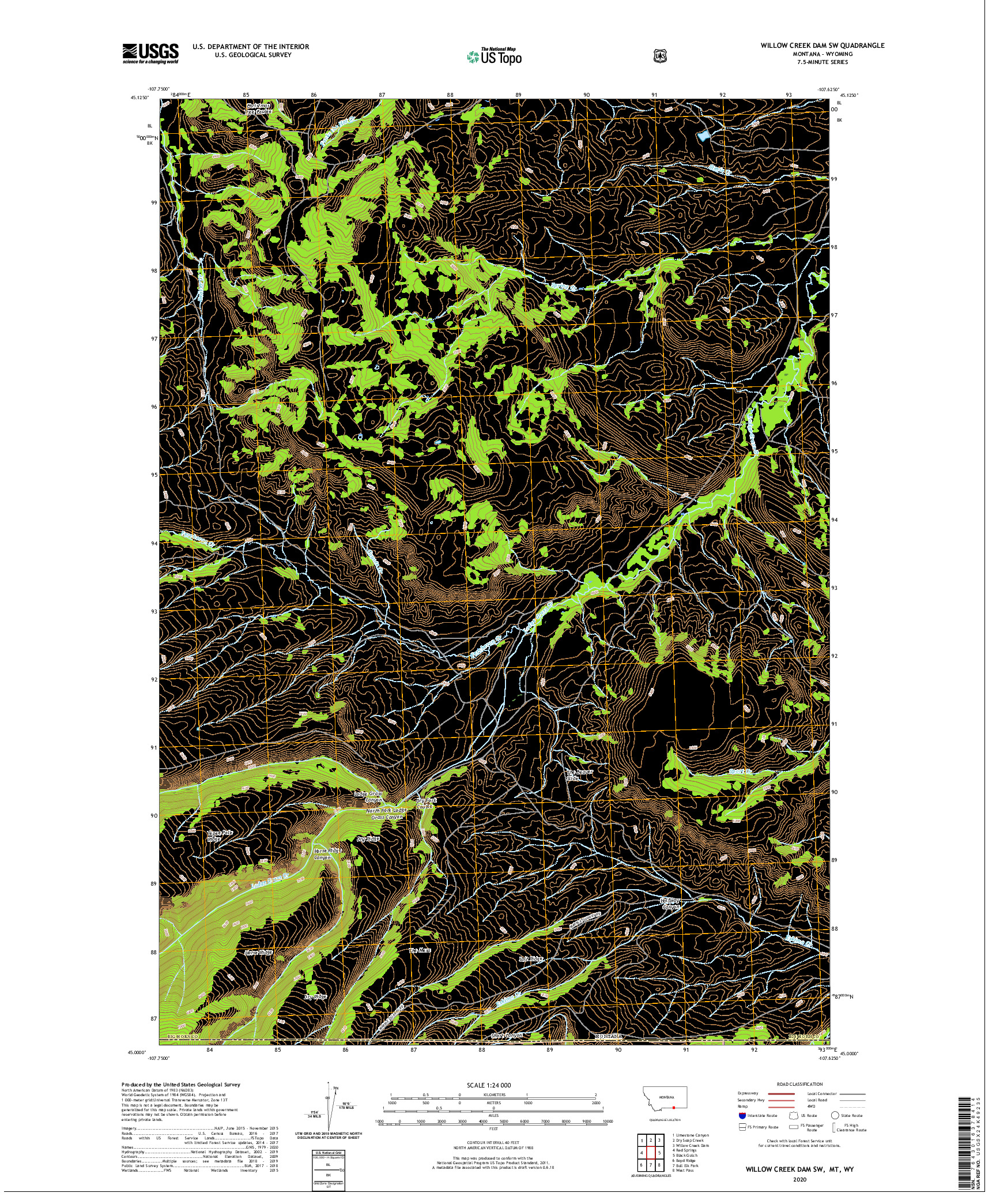 USGS US TOPO 7.5-MINUTE MAP FOR WILLOW CREEK DAM SW, MT,WY 2020