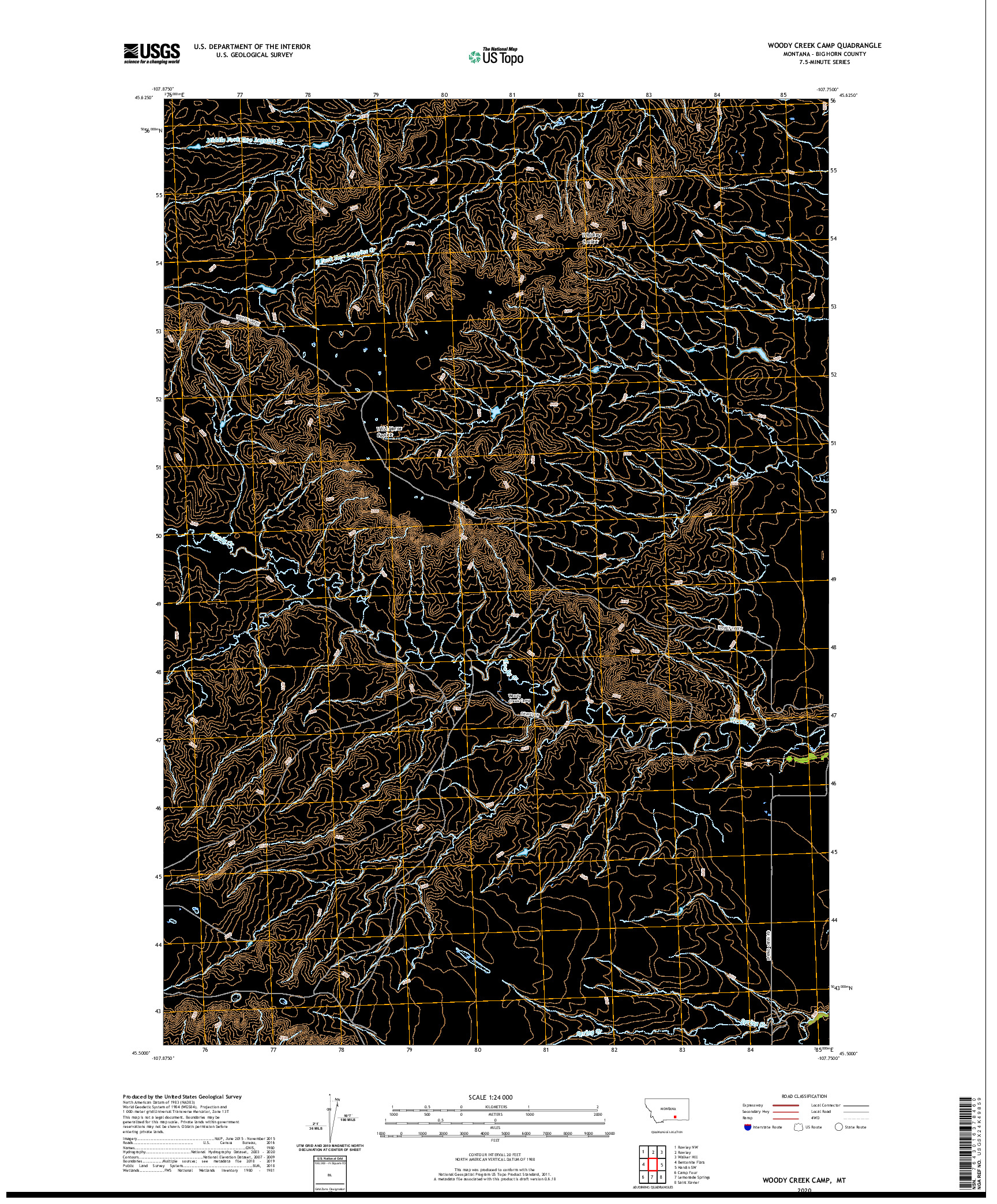 USGS US TOPO 7.5-MINUTE MAP FOR WOODY CREEK CAMP, MT 2020