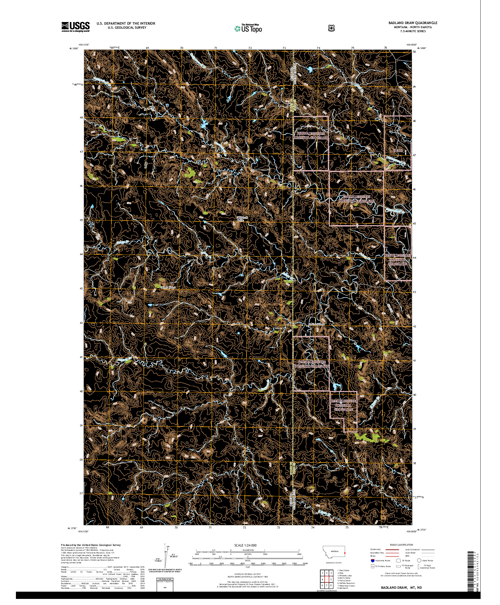 USGS US TOPO 7.5-MINUTE MAP FOR BADLAND DRAW, MT,ND 2020