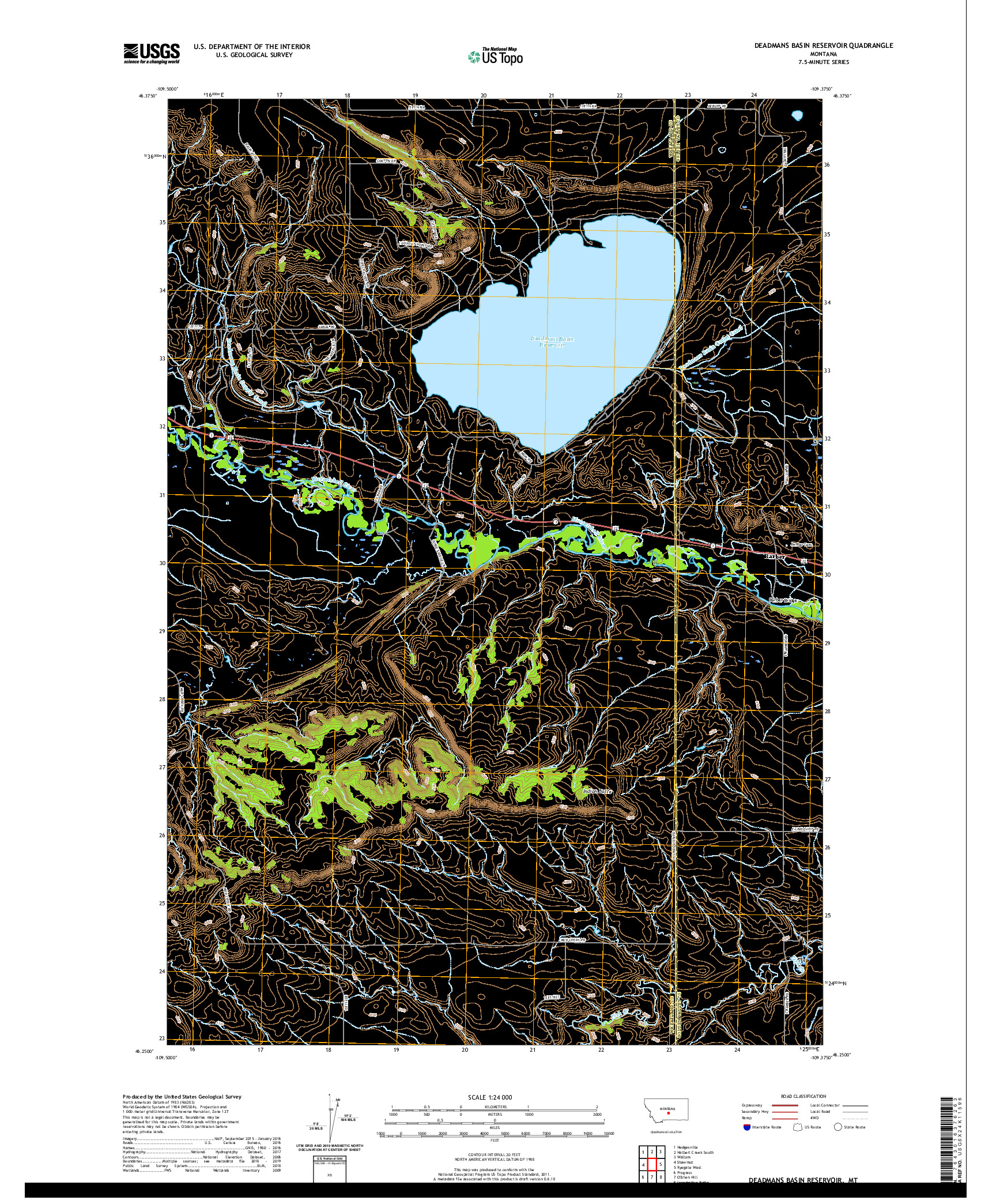 USGS US TOPO 7.5-MINUTE MAP FOR DEADMANS BASIN RESERVOIR, MT 2020