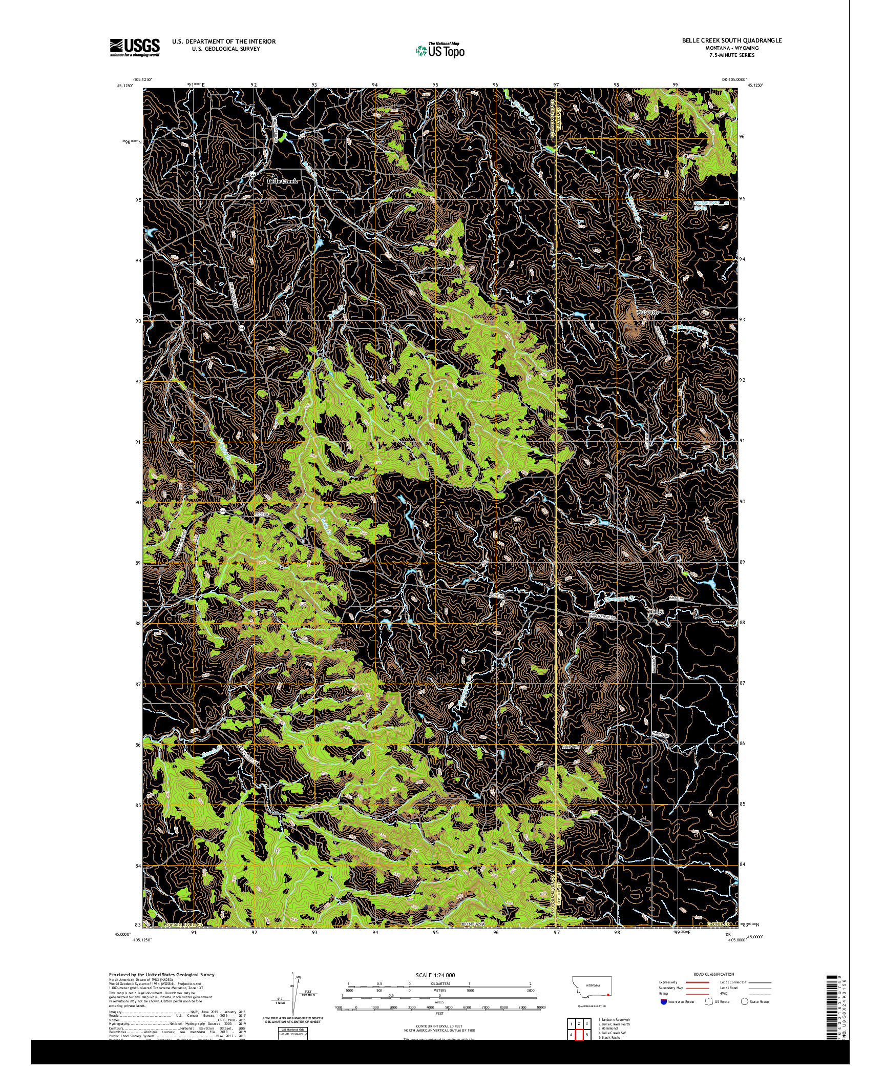 USGS US TOPO 7.5-MINUTE MAP FOR BELLE CREEK SOUTH, MT,WY 2020