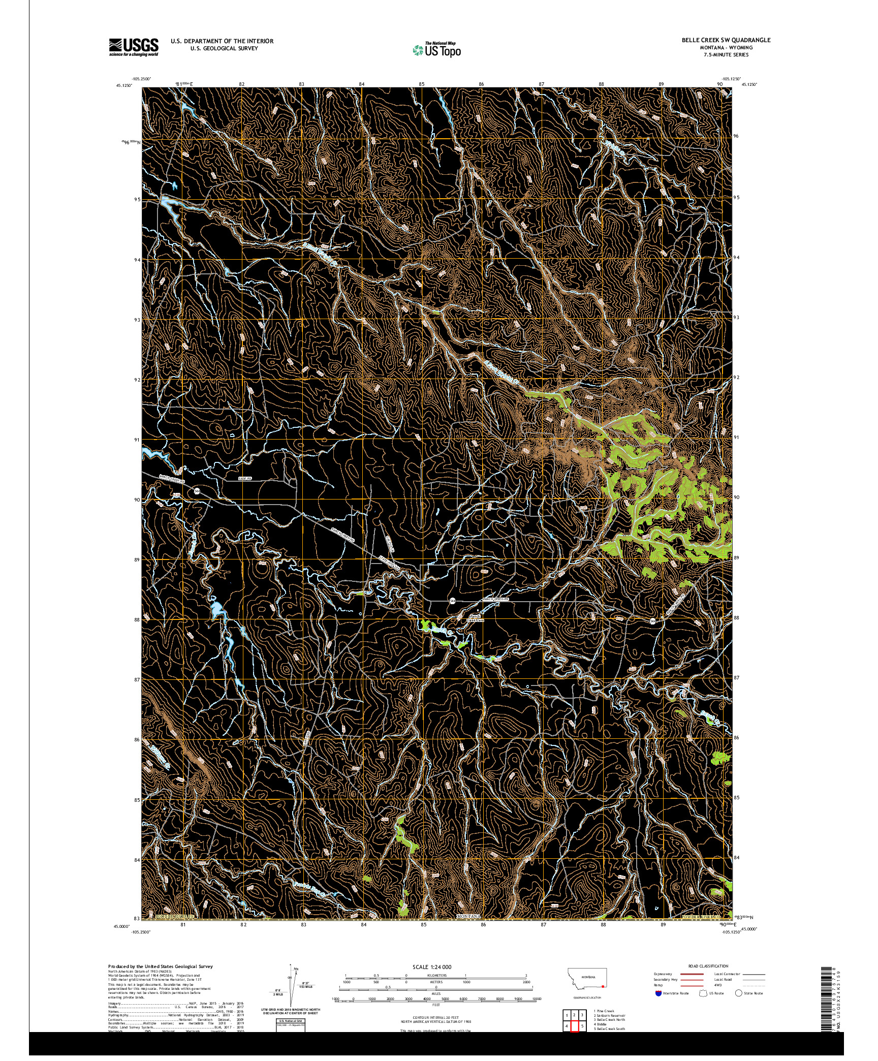 USGS US TOPO 7.5-MINUTE MAP FOR BELLE CREEK SW, MT,WY 2020