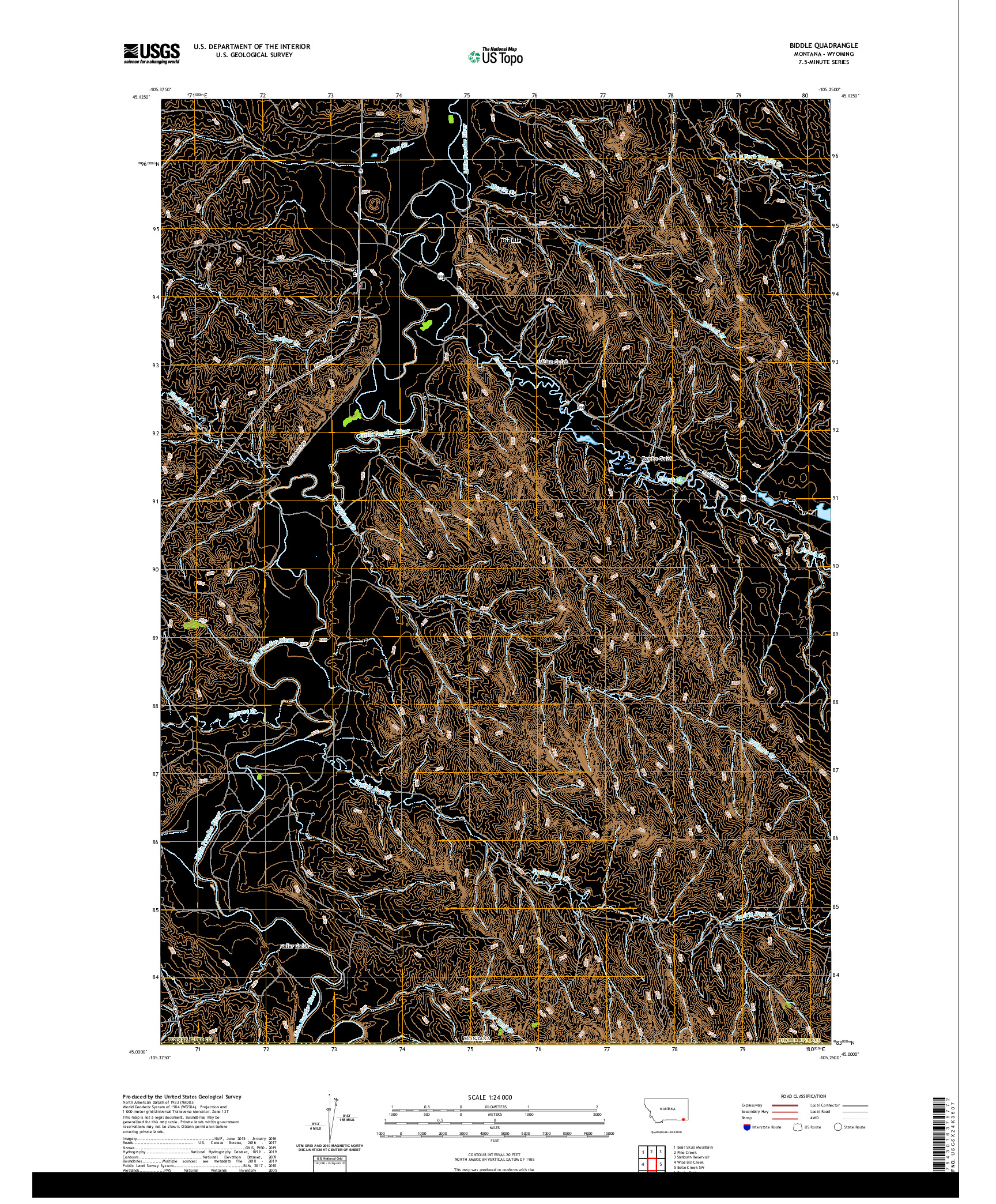 USGS US TOPO 7.5-MINUTE MAP FOR BIDDLE, MT,WY 2020