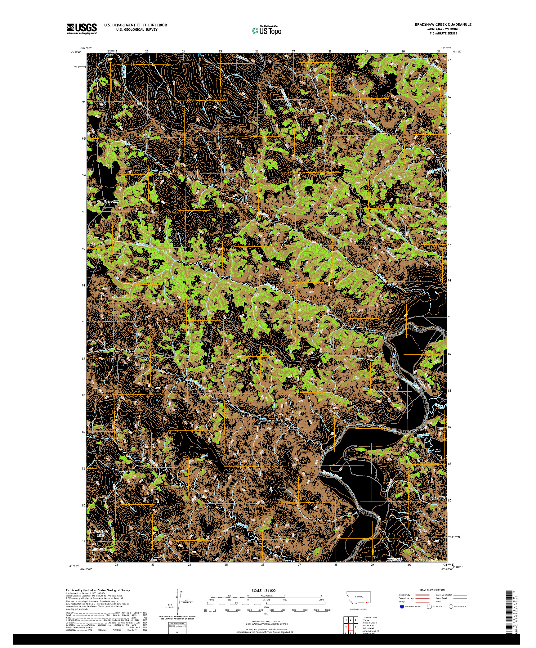 USGS US TOPO 7.5-MINUTE MAP FOR BRADSHAW CREEK, MT,WY 2020