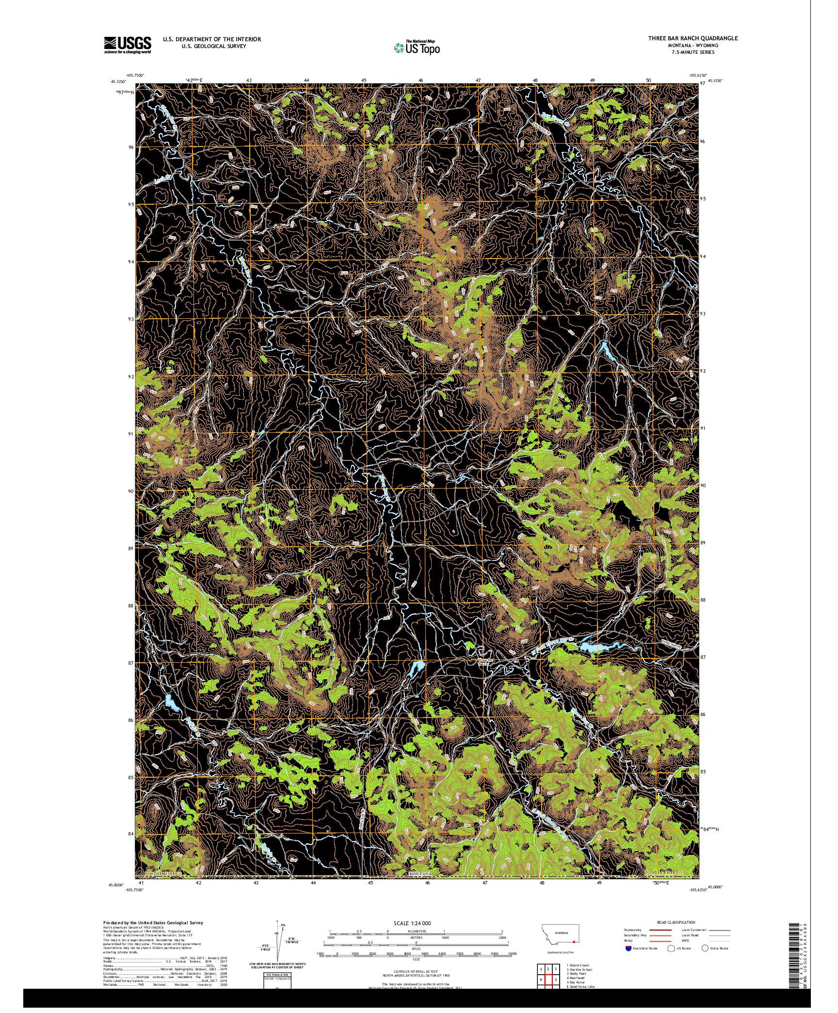 USGS US TOPO 7.5-MINUTE MAP FOR THREE BAR RANCH, MT,WY 2020