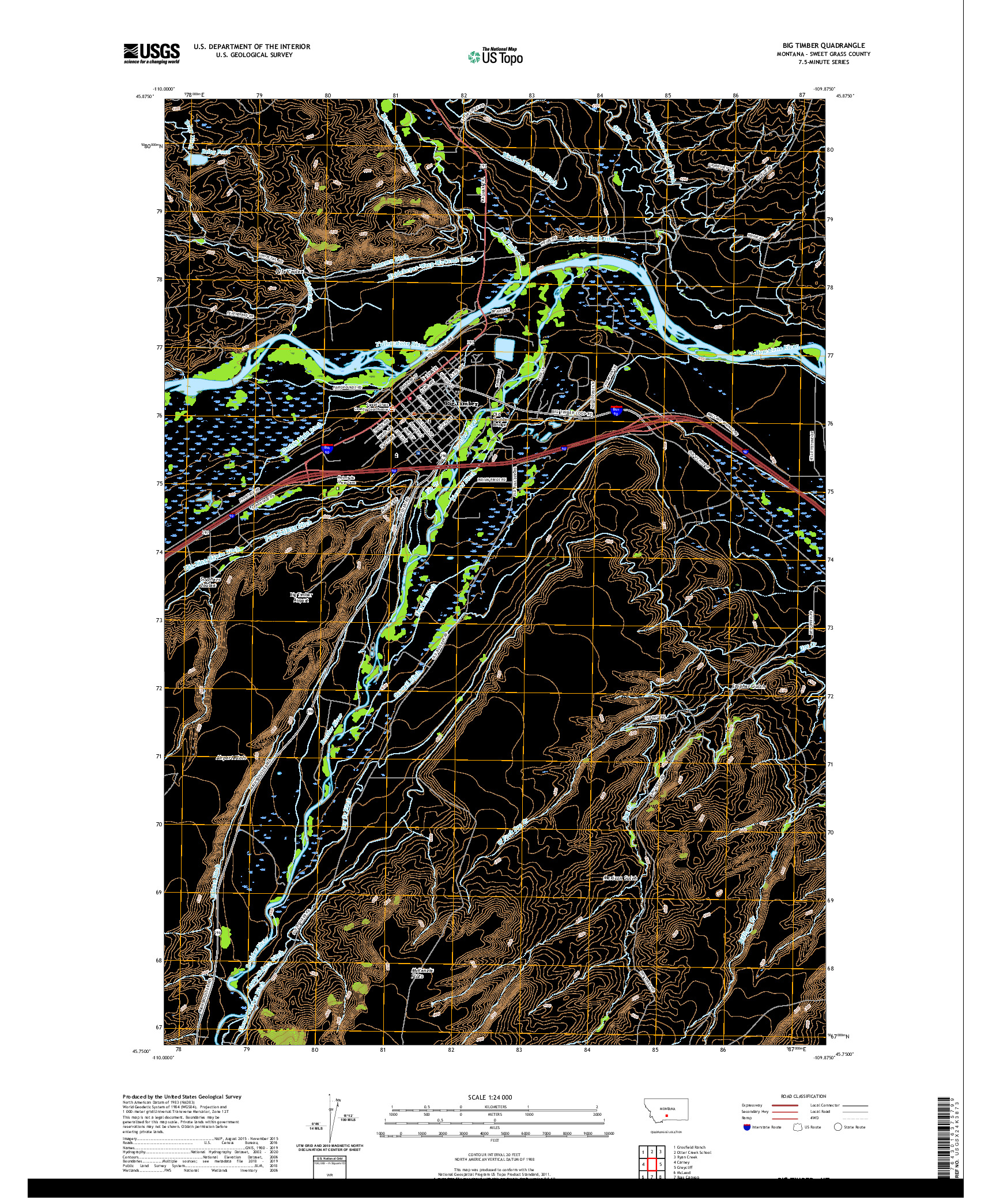 USGS US TOPO 7.5-MINUTE MAP FOR BIG TIMBER, MT 2020