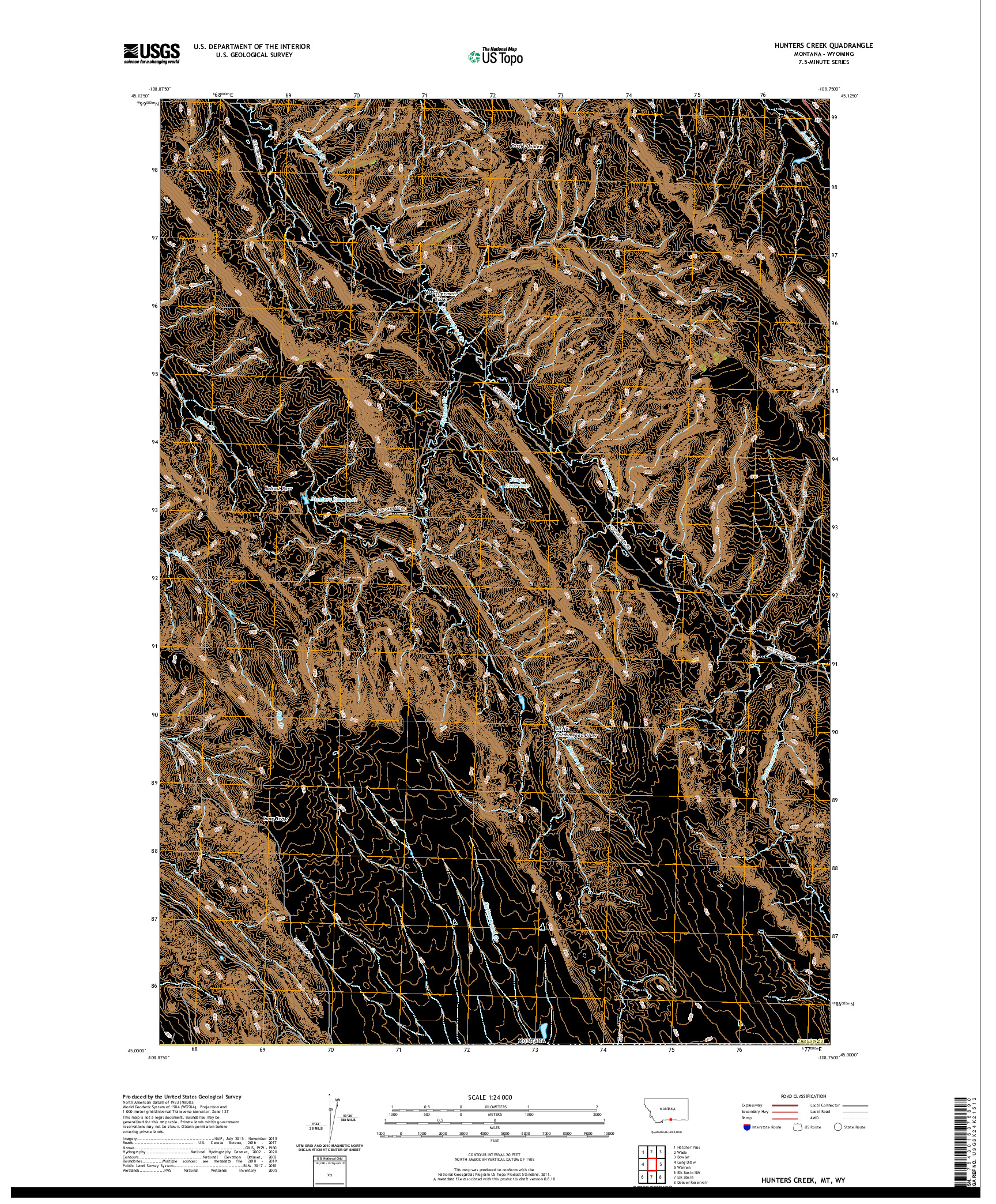 USGS US TOPO 7.5-MINUTE MAP FOR HUNTERS CREEK, MT,WY 2020