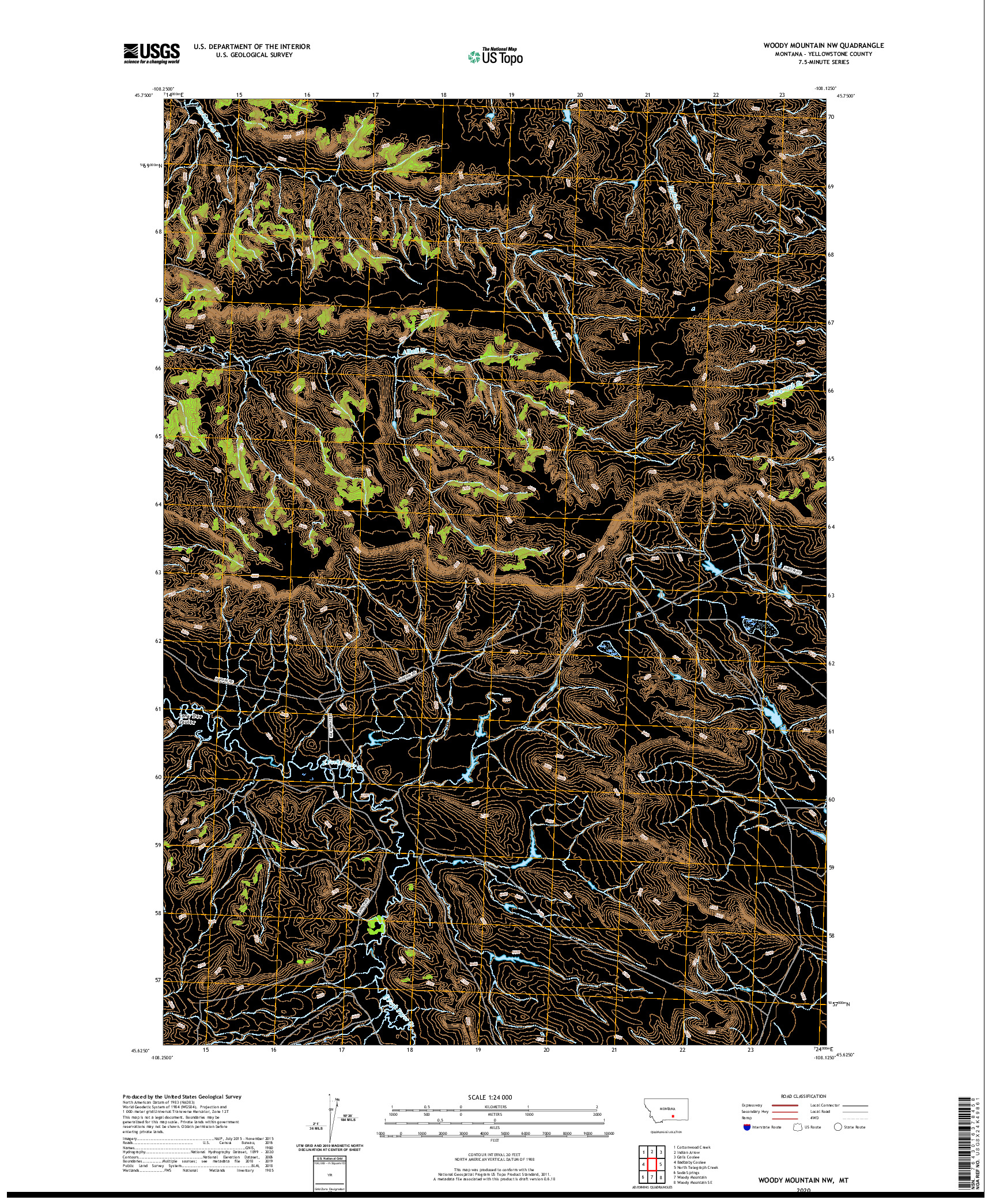 USGS US TOPO 7.5-MINUTE MAP FOR WOODY MOUNTAIN NW, MT 2020