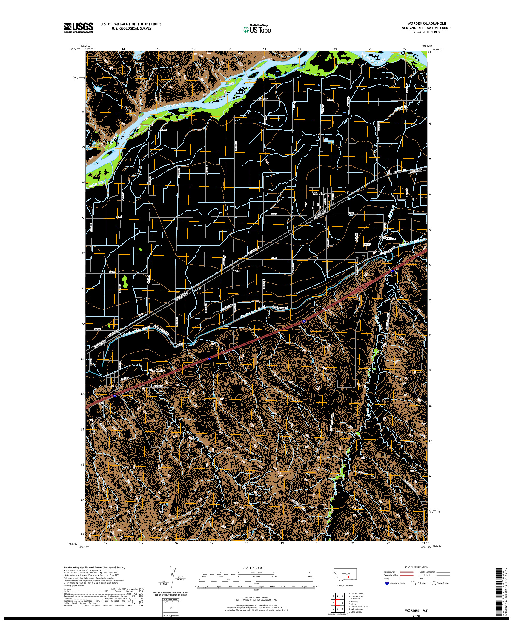 USGS US TOPO 7.5-MINUTE MAP FOR WORDEN, MT 2020