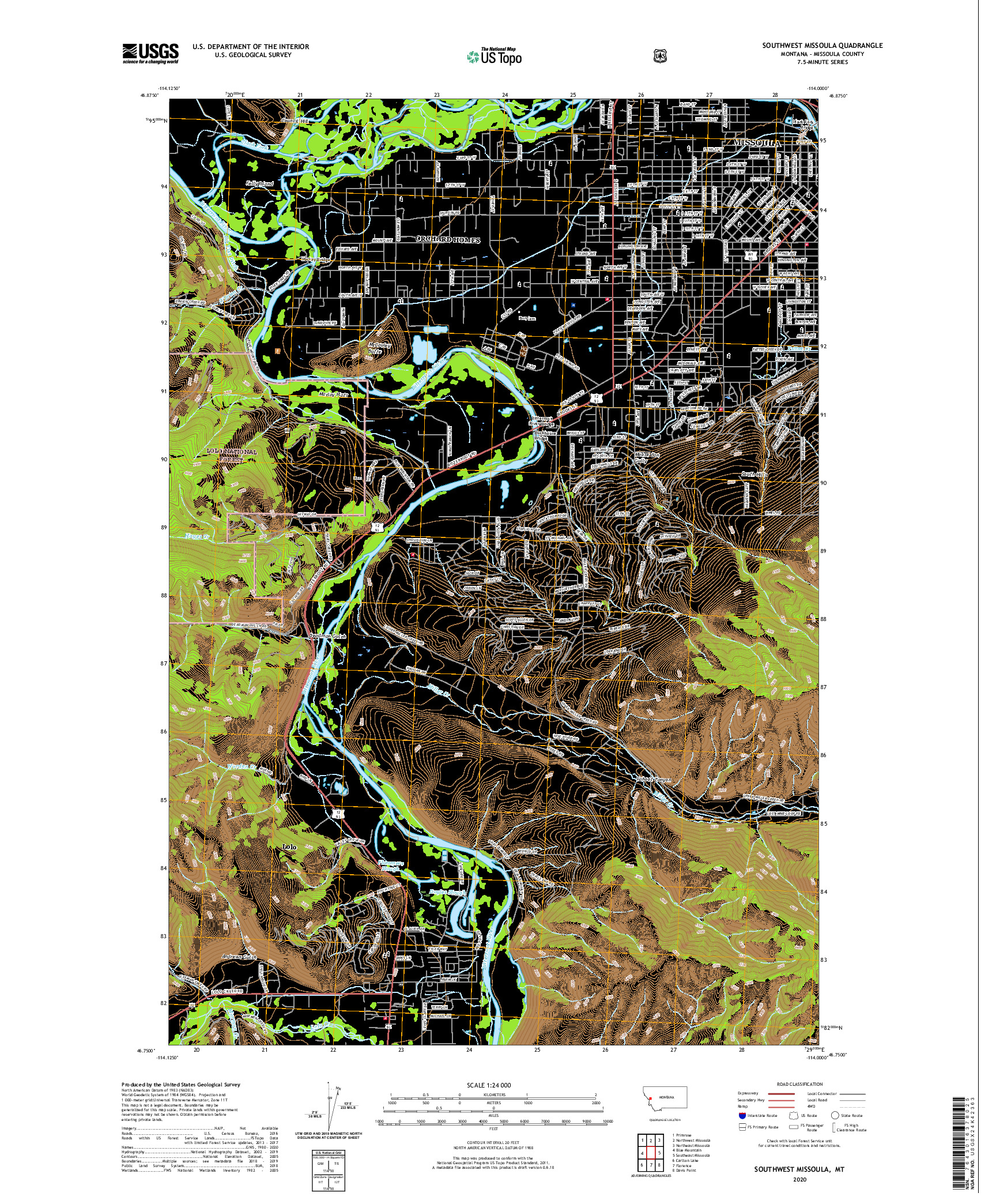 USGS US TOPO 7.5-MINUTE MAP FOR SOUTHWEST MISSOULA, MT 2020