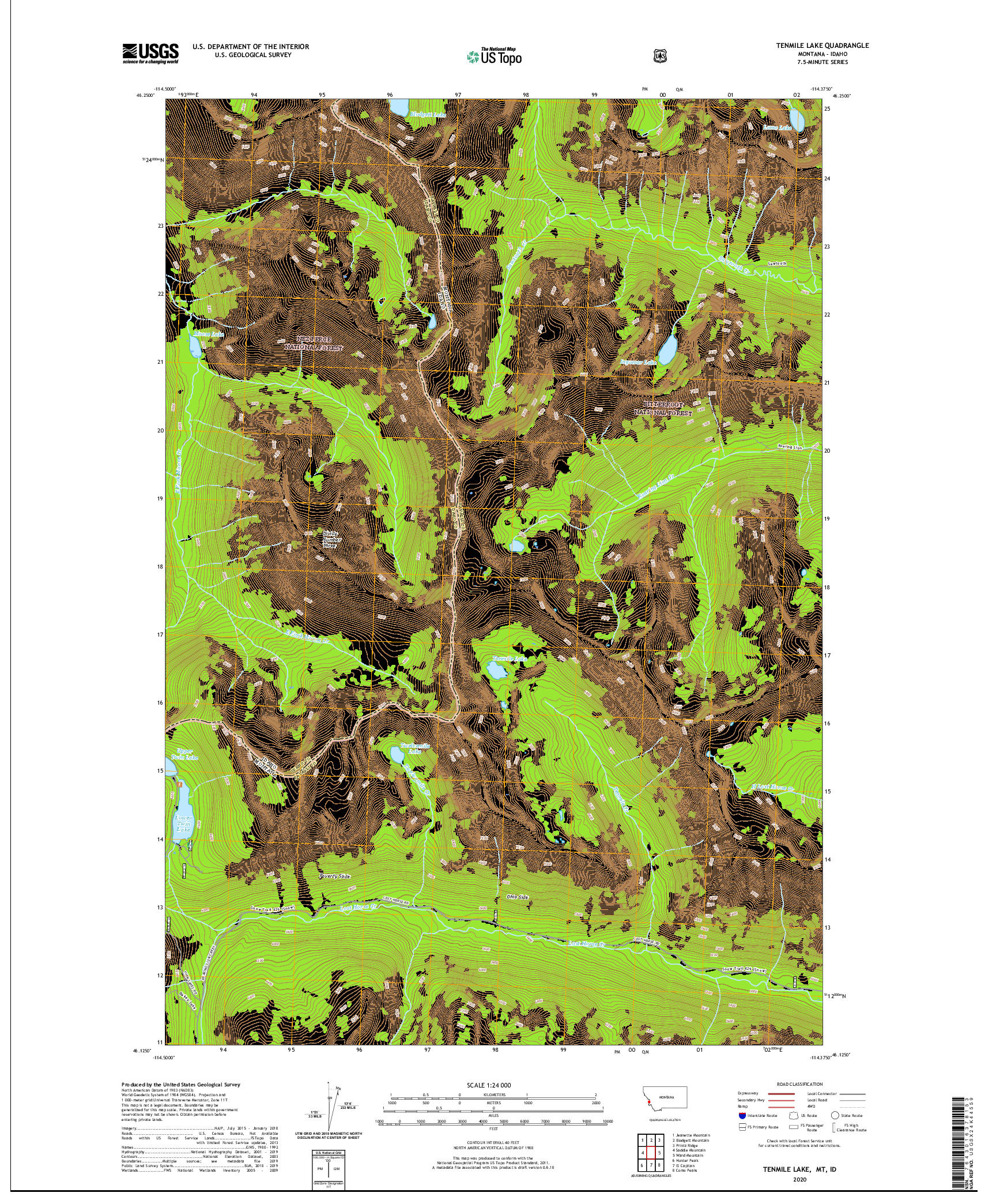 USGS US TOPO 7.5-MINUTE MAP FOR TENMILE LAKE, MT,ID 2020