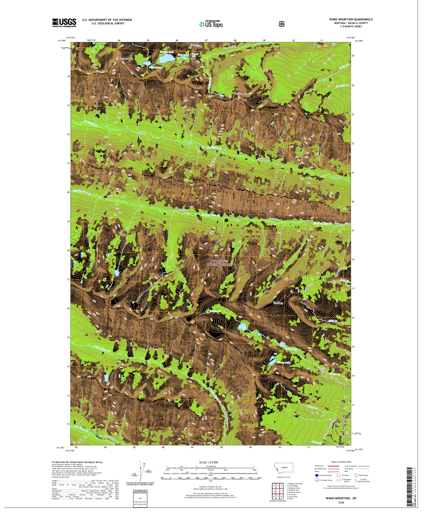 USGS US TOPO 7.5-MINUTE MAP FOR WARD MOUNTAIN, MT 2020