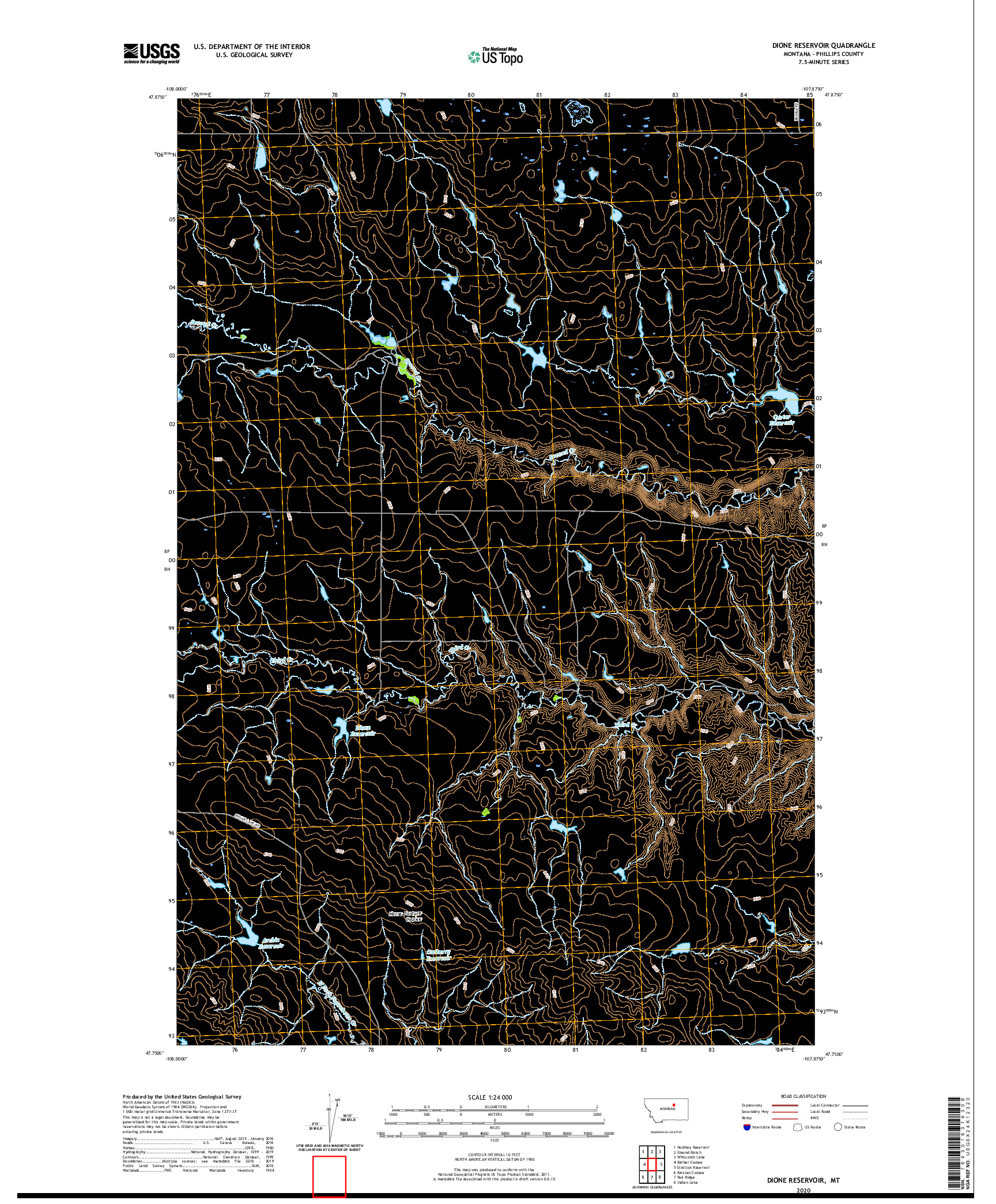 USGS US TOPO 7.5-MINUTE MAP FOR DIONE RESERVOIR, MT 2020