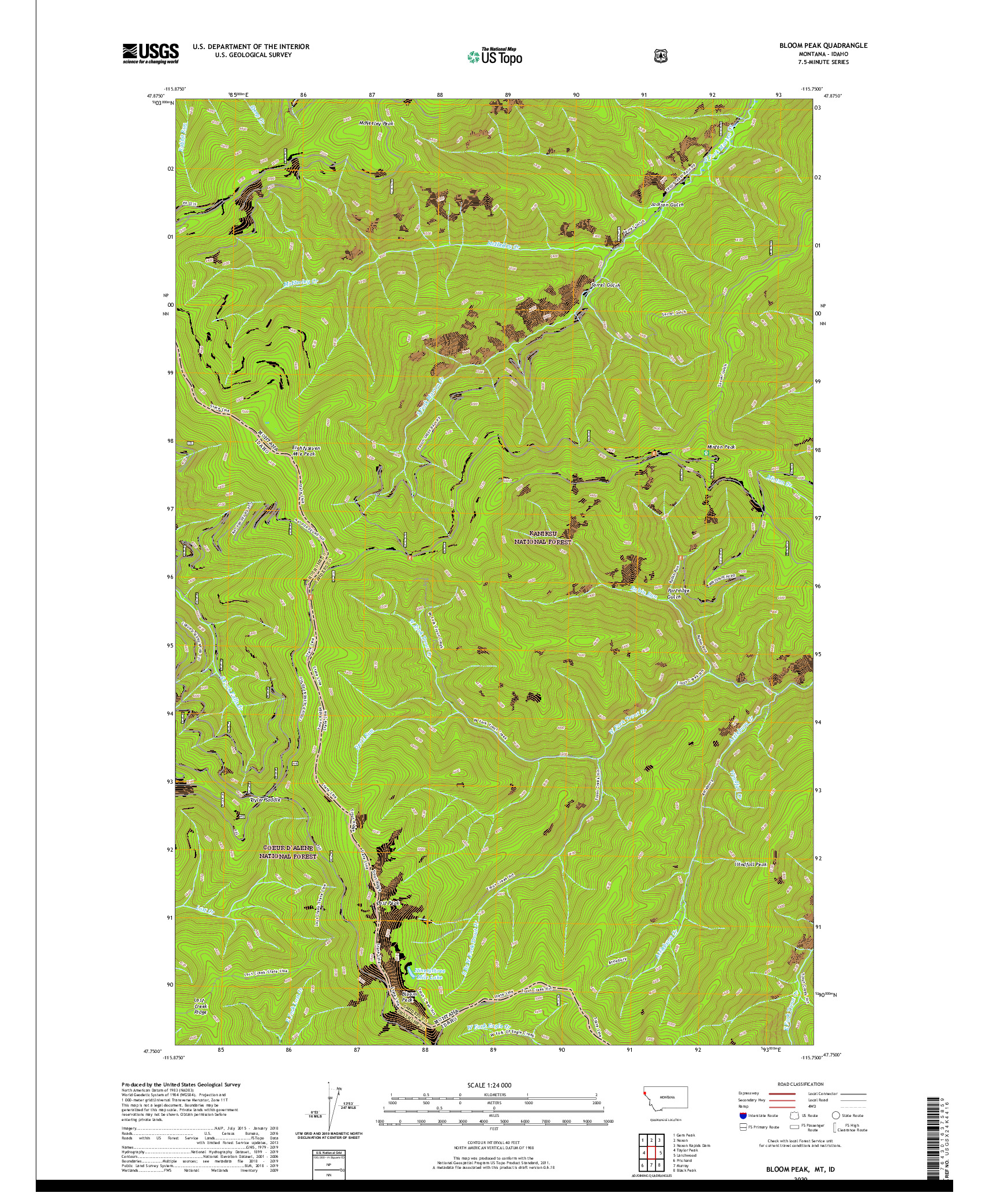 USGS US TOPO 7.5-MINUTE MAP FOR BLOOM PEAK, MT,ID 2020