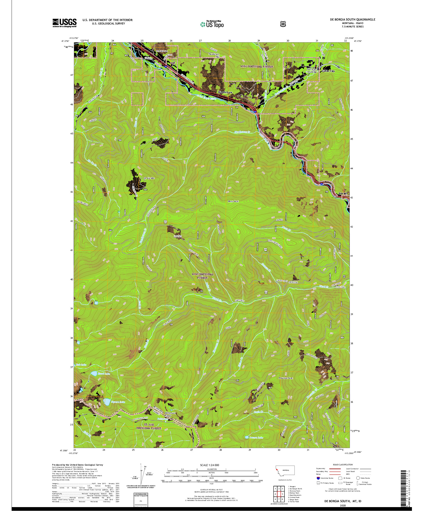 USGS US TOPO 7.5-MINUTE MAP FOR DE BORGIA SOUTH, MT,ID 2020