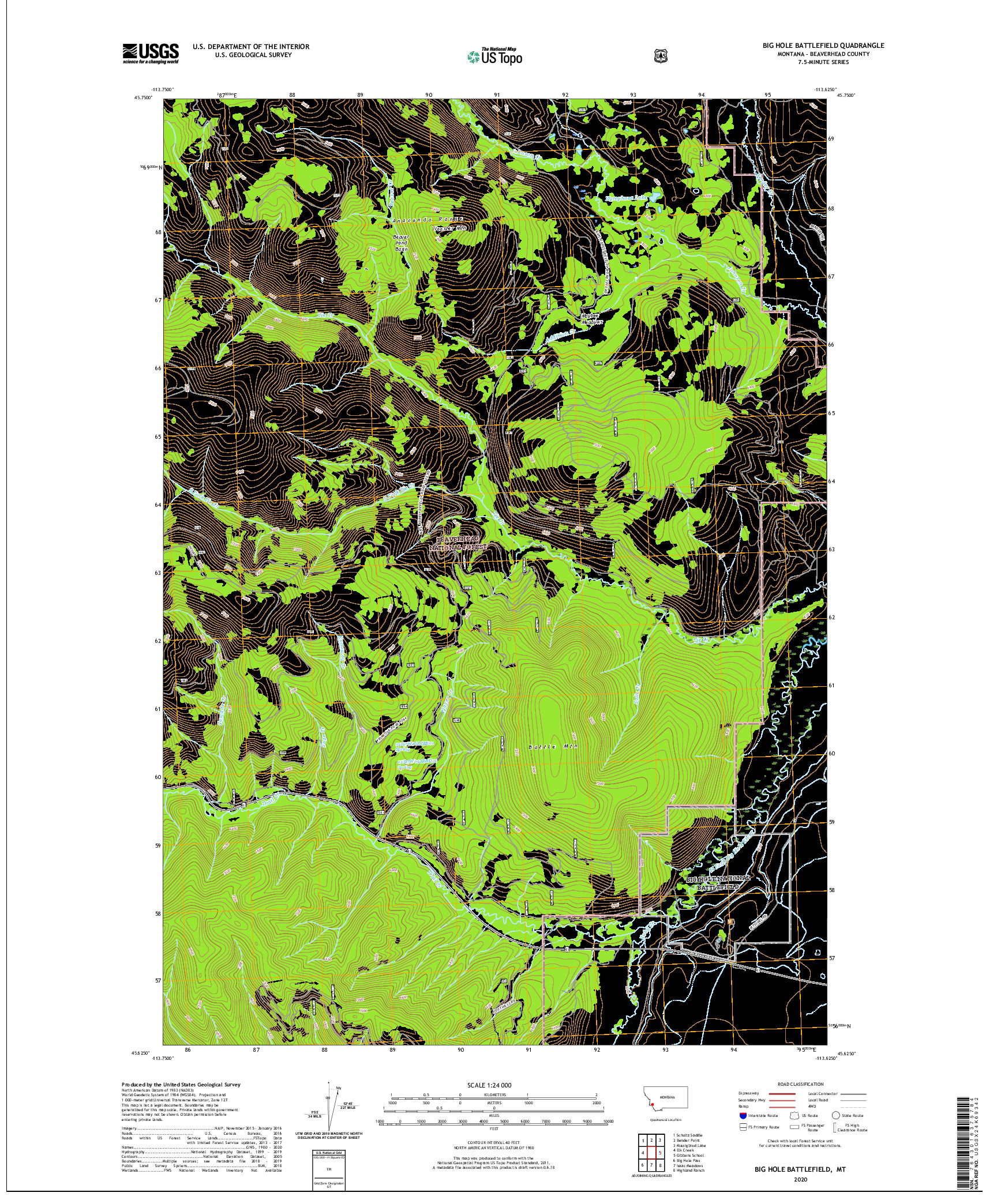 USGS US TOPO 7.5-MINUTE MAP FOR BIG HOLE BATTLEFIELD, MT 2020