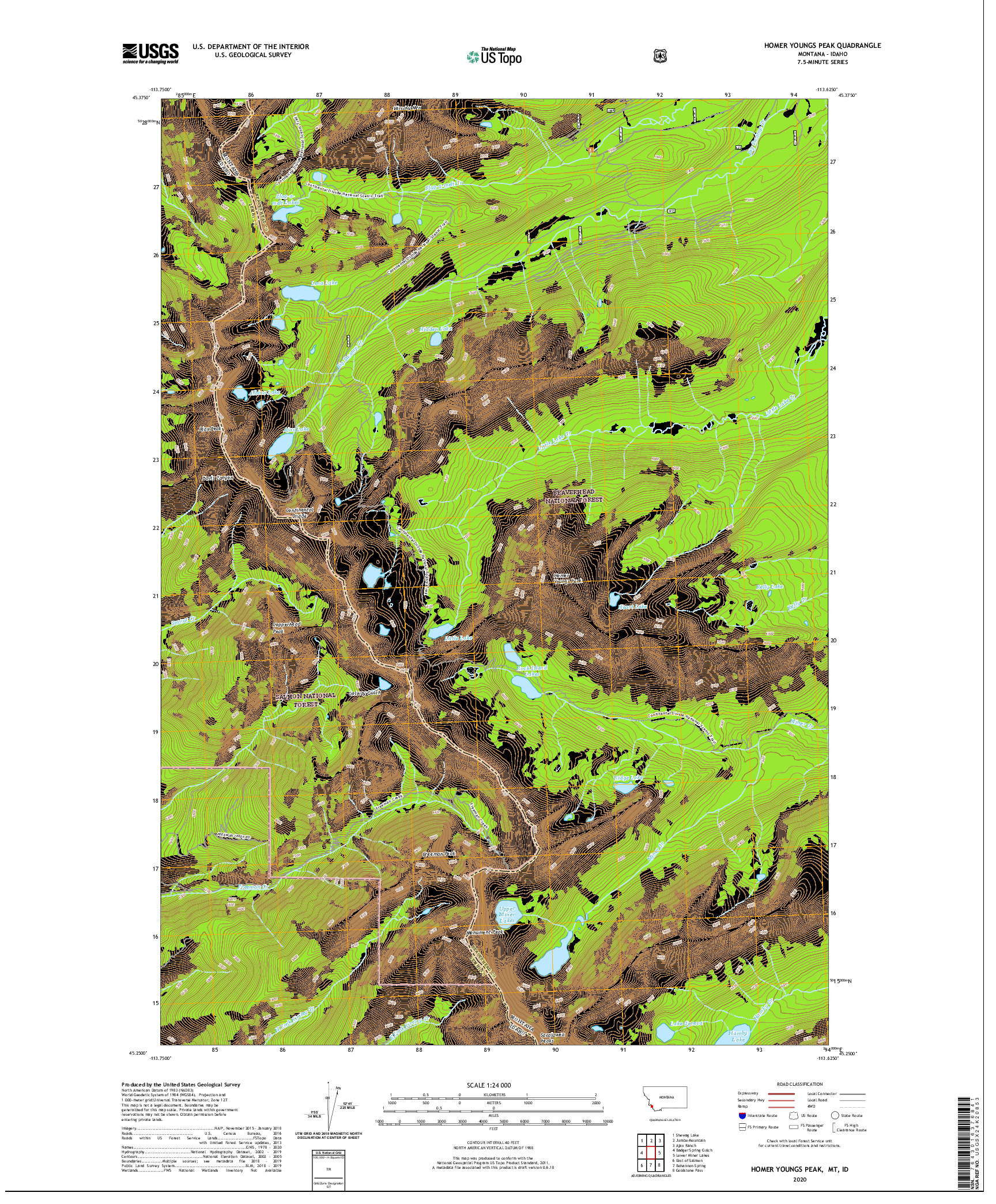 USGS US TOPO 7.5-MINUTE MAP FOR HOMER YOUNGS PEAK, MT,ID 2020