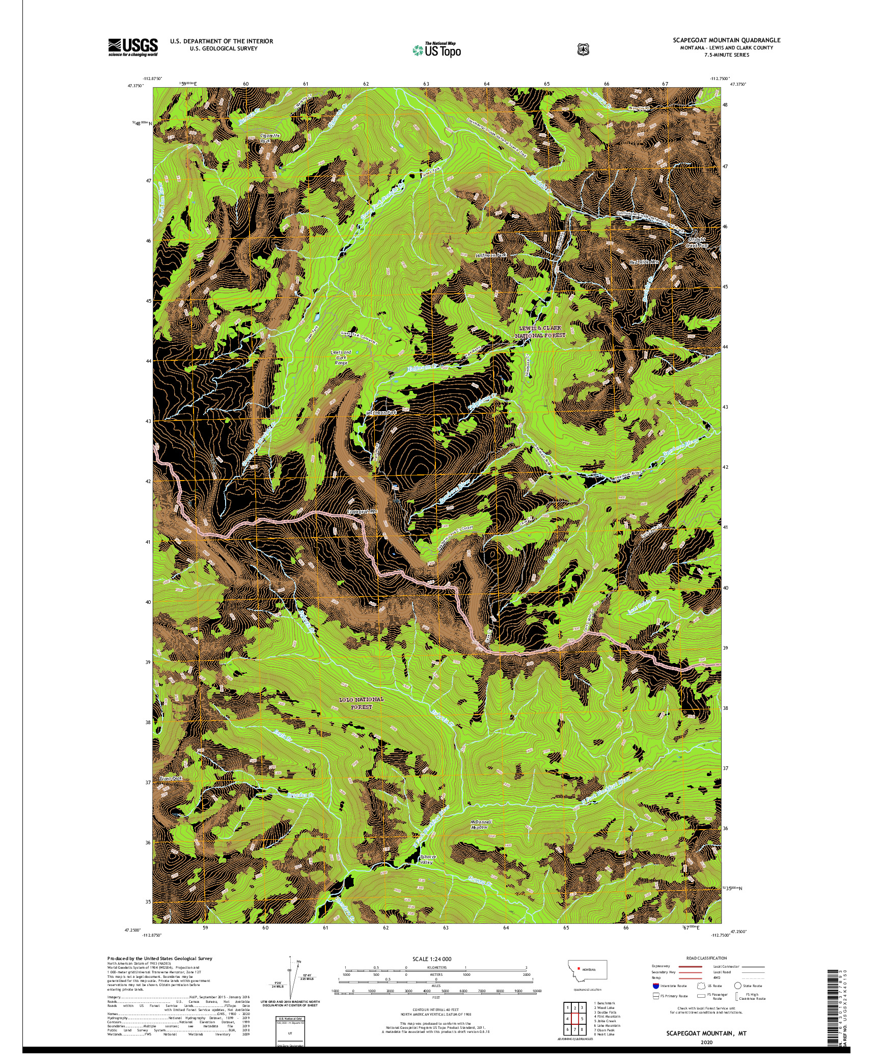 USGS US TOPO 7.5-MINUTE MAP FOR SCAPEGOAT MOUNTAIN, MT 2020