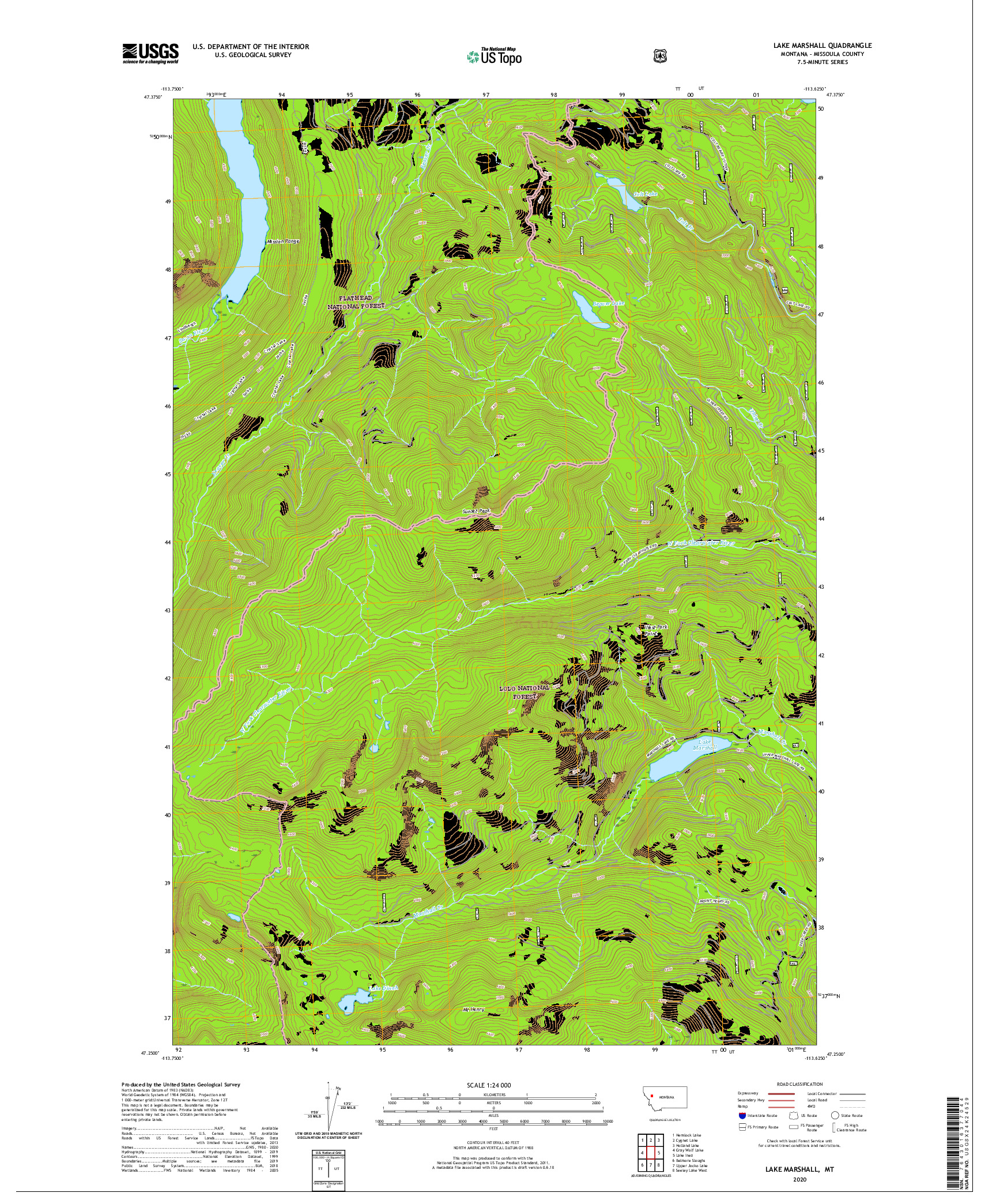 USGS US TOPO 7.5-MINUTE MAP FOR LAKE MARSHALL, MT 2020