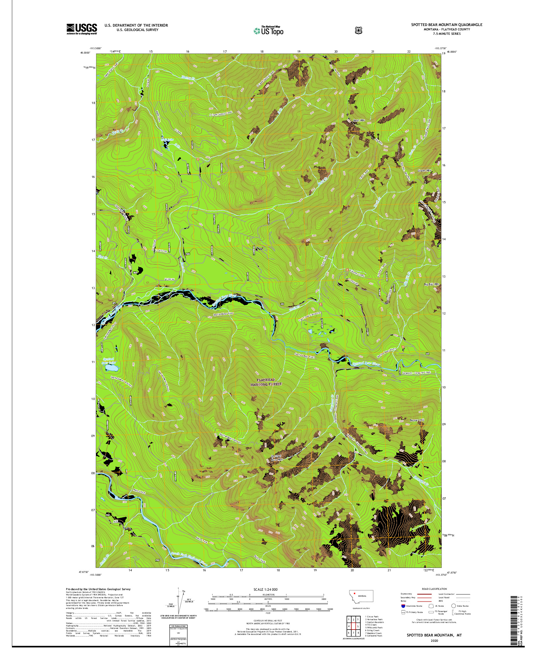 USGS US TOPO 7.5-MINUTE MAP FOR SPOTTED BEAR MOUNTAIN, MT 2020
