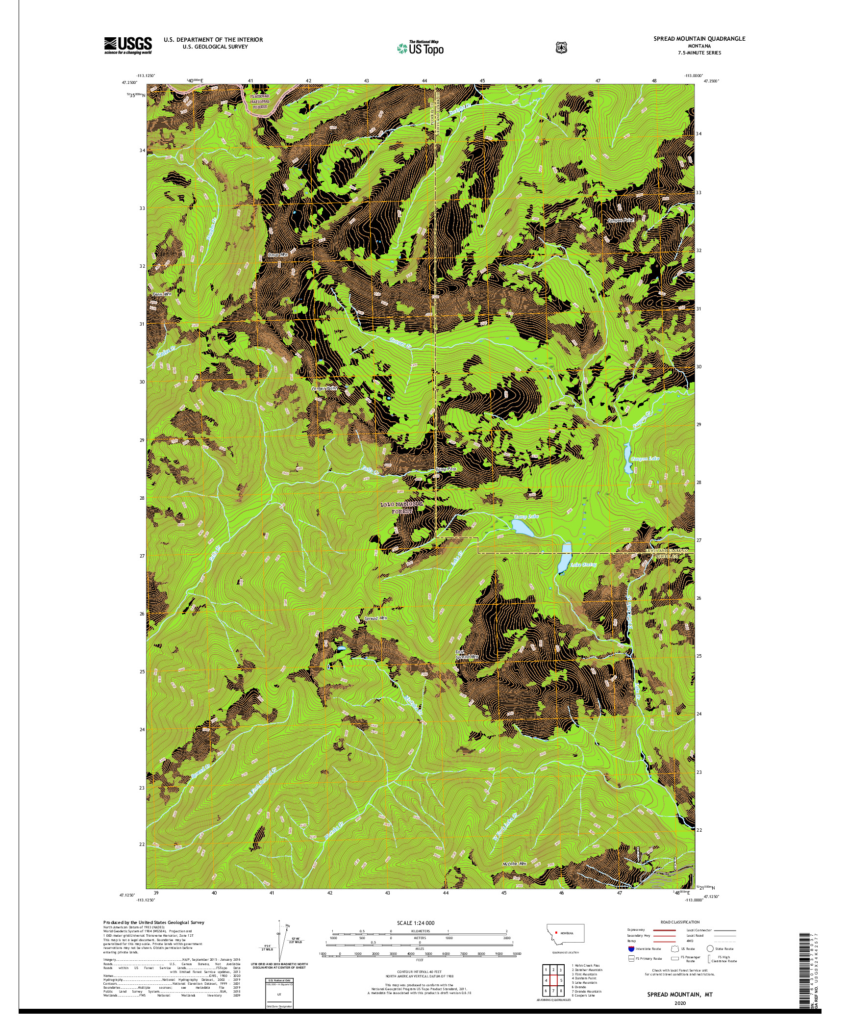 USGS US TOPO 7.5-MINUTE MAP FOR SPREAD MOUNTAIN, MT 2020