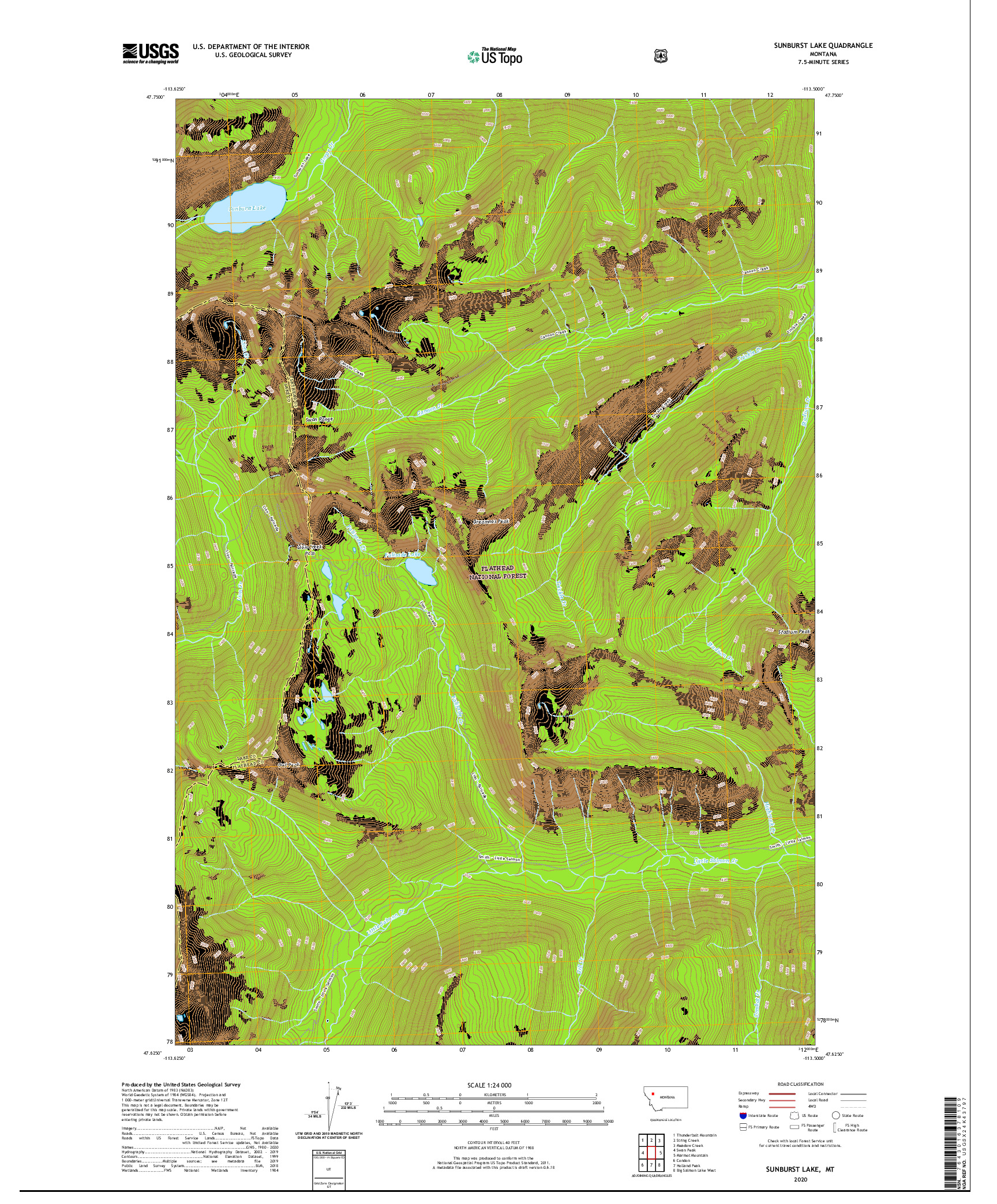 USGS US TOPO 7.5-MINUTE MAP FOR SUNBURST LAKE, MT 2020