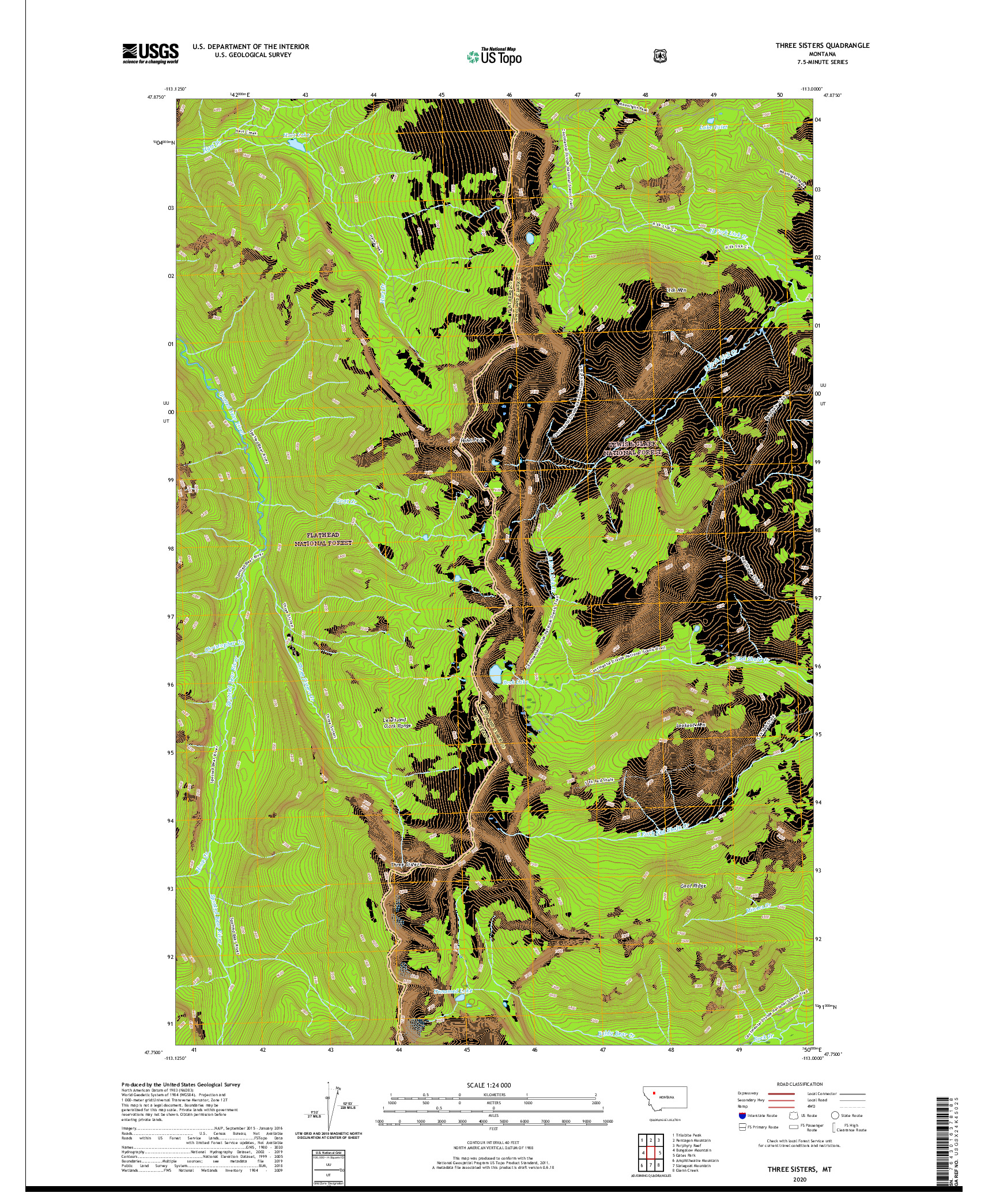 USGS US TOPO 7.5-MINUTE MAP FOR THREE SISTERS, MT 2020