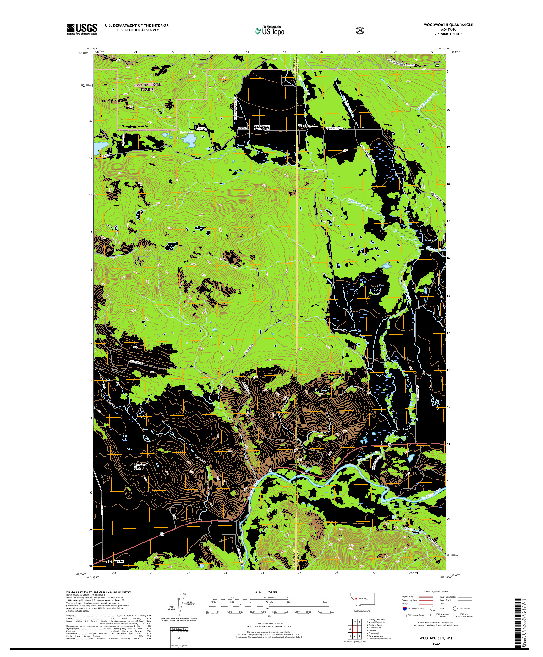 USGS US TOPO 7.5-MINUTE MAP FOR WOODWORTH, MT 2020