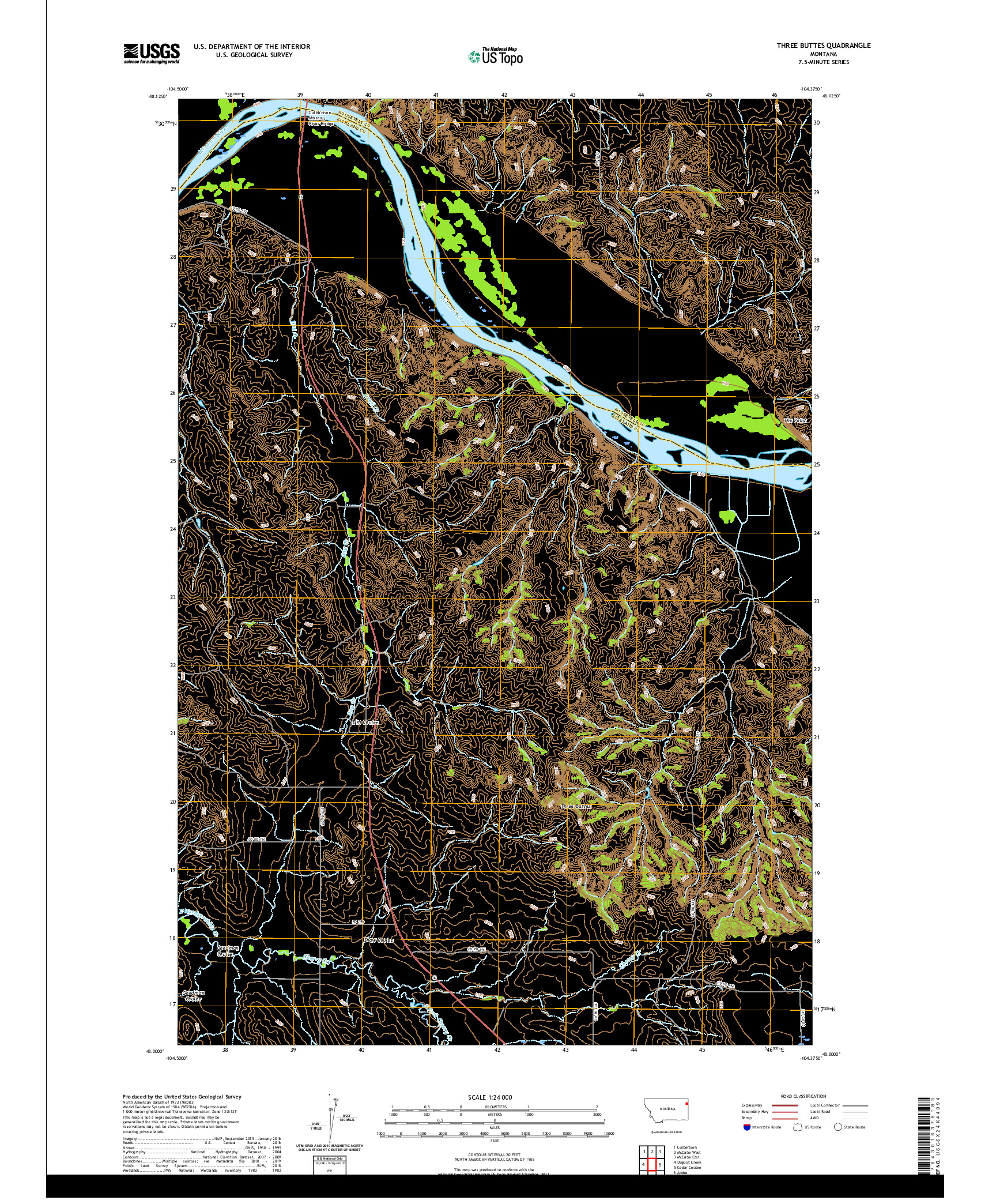 USGS US TOPO 7.5-MINUTE MAP FOR THREE BUTTES, MT 2020