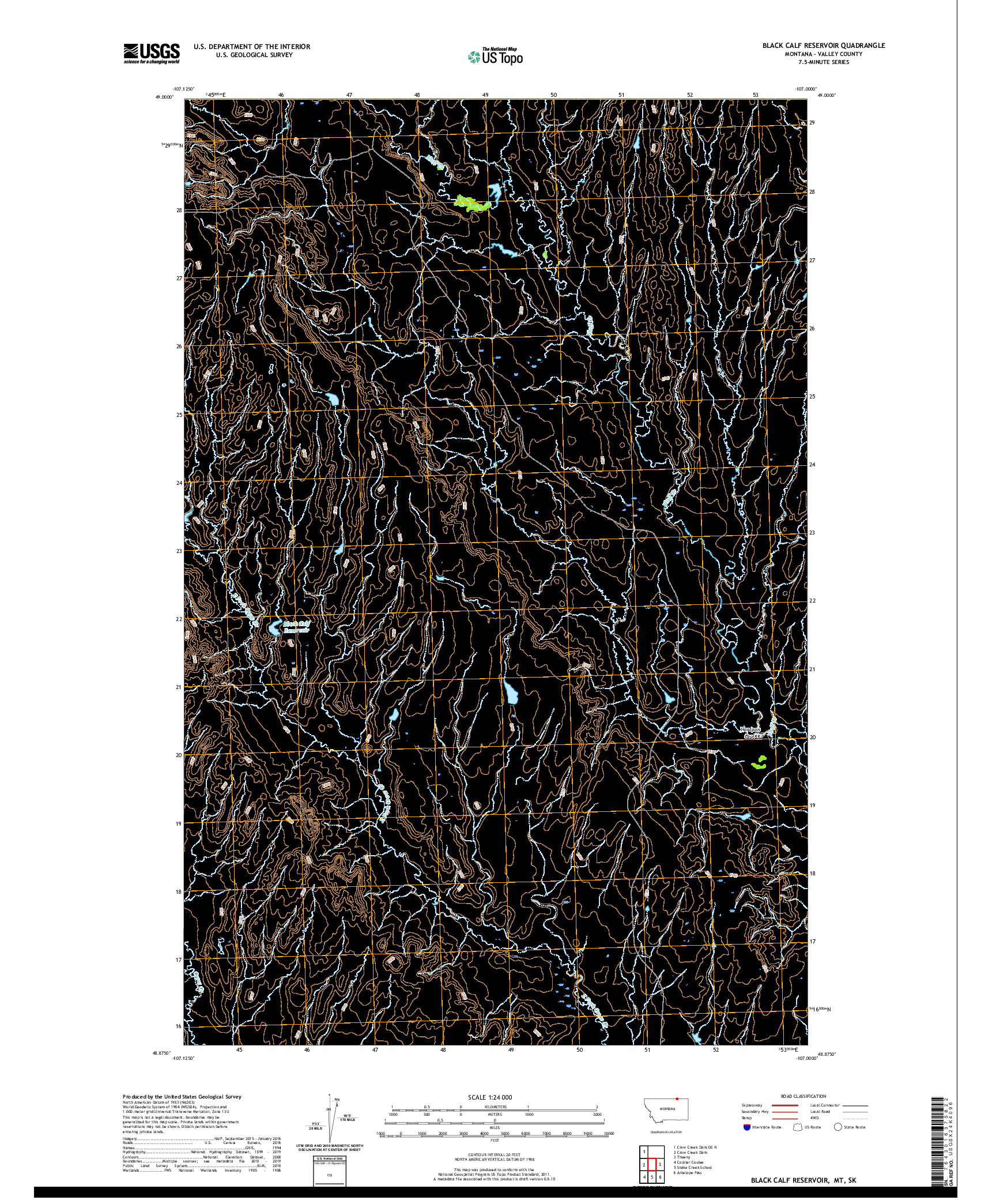 USGS US TOPO 7.5-MINUTE MAP FOR BLACK CALF RESERVOIR, MT,SK 2020