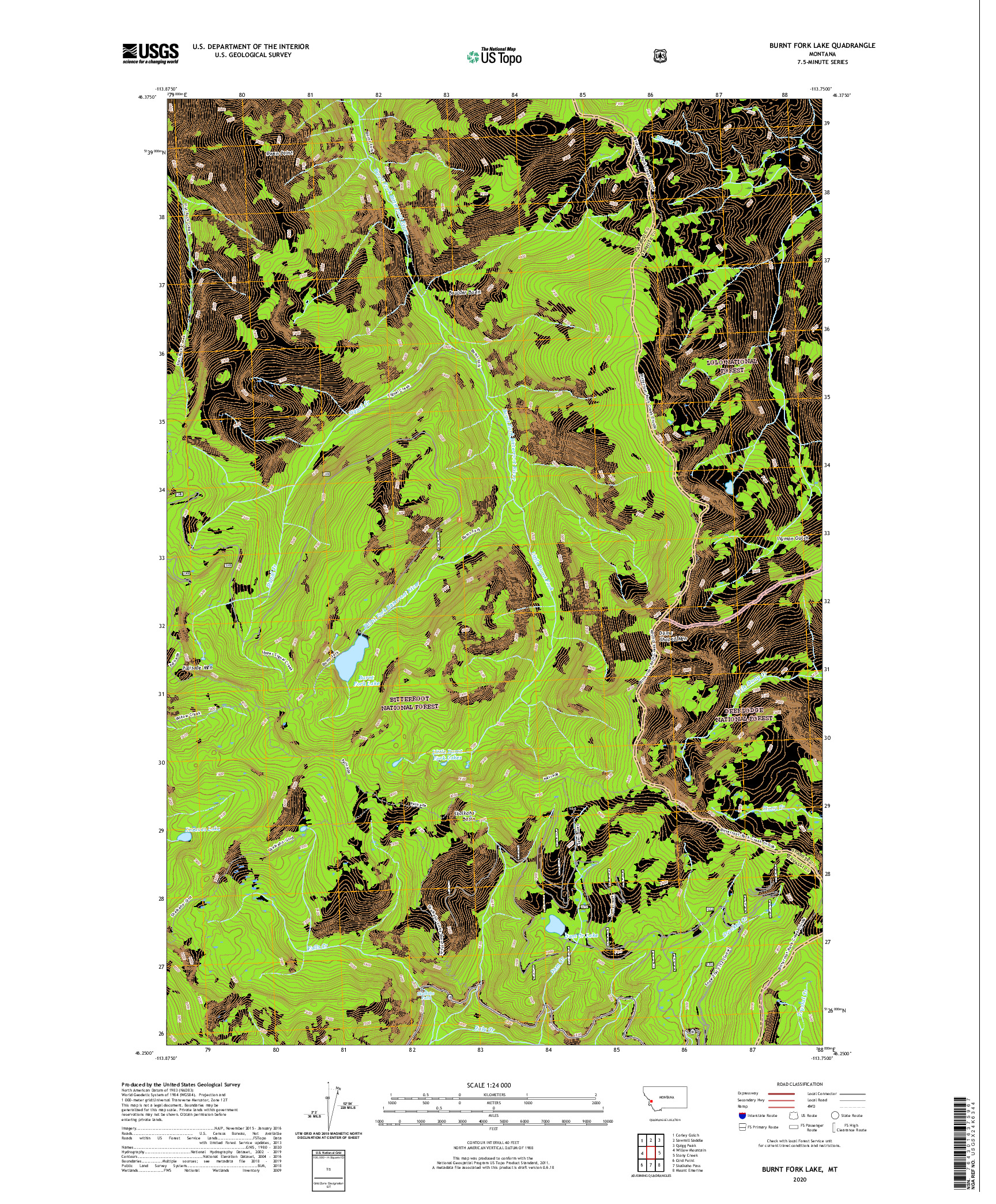 USGS US TOPO 7.5-MINUTE MAP FOR BURNT FORK LAKE, MT 2020