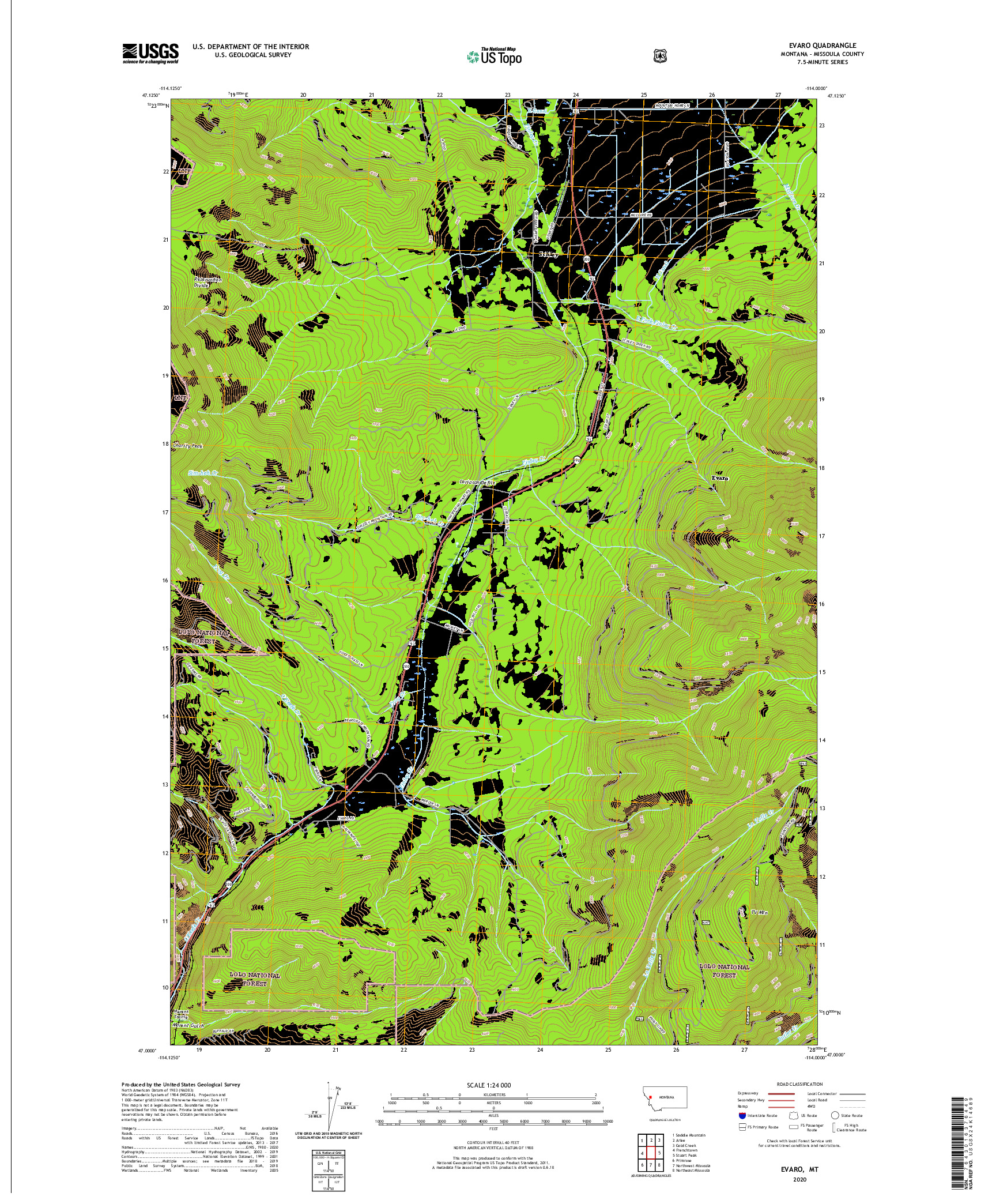 USGS US TOPO 7.5-MINUTE MAP FOR EVARO, MT 2020