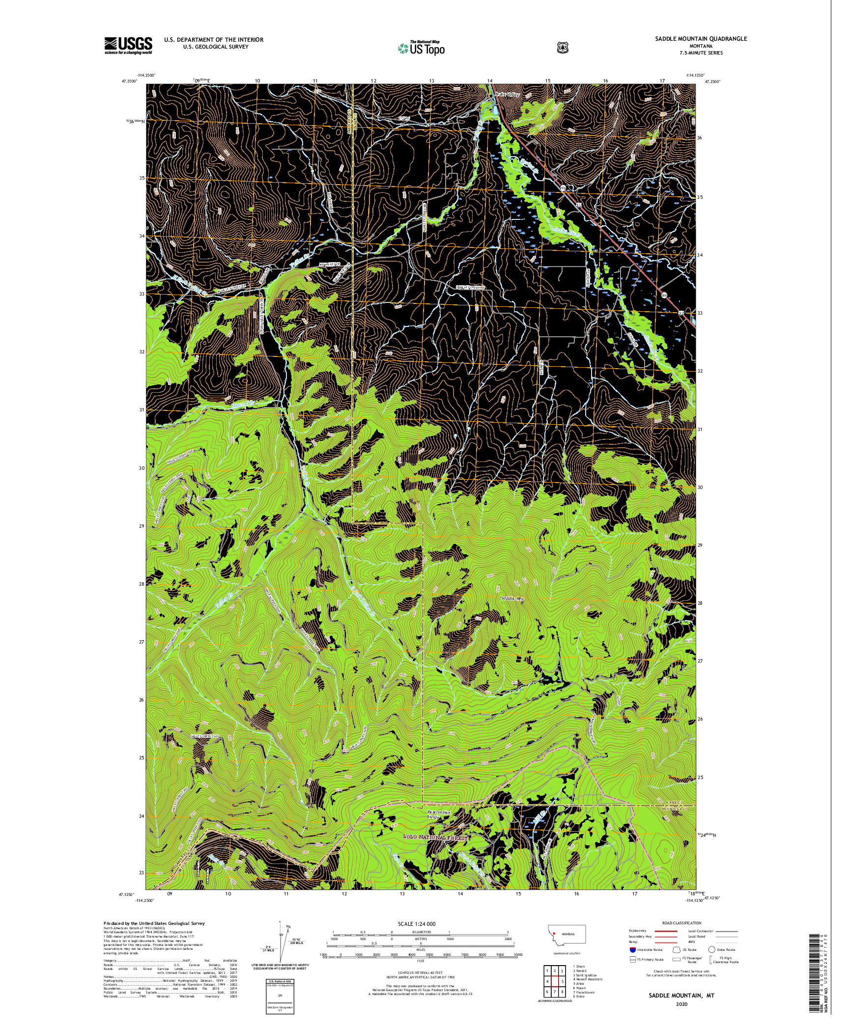 USGS US TOPO 7.5-MINUTE MAP FOR SADDLE MOUNTAIN, MT 2020