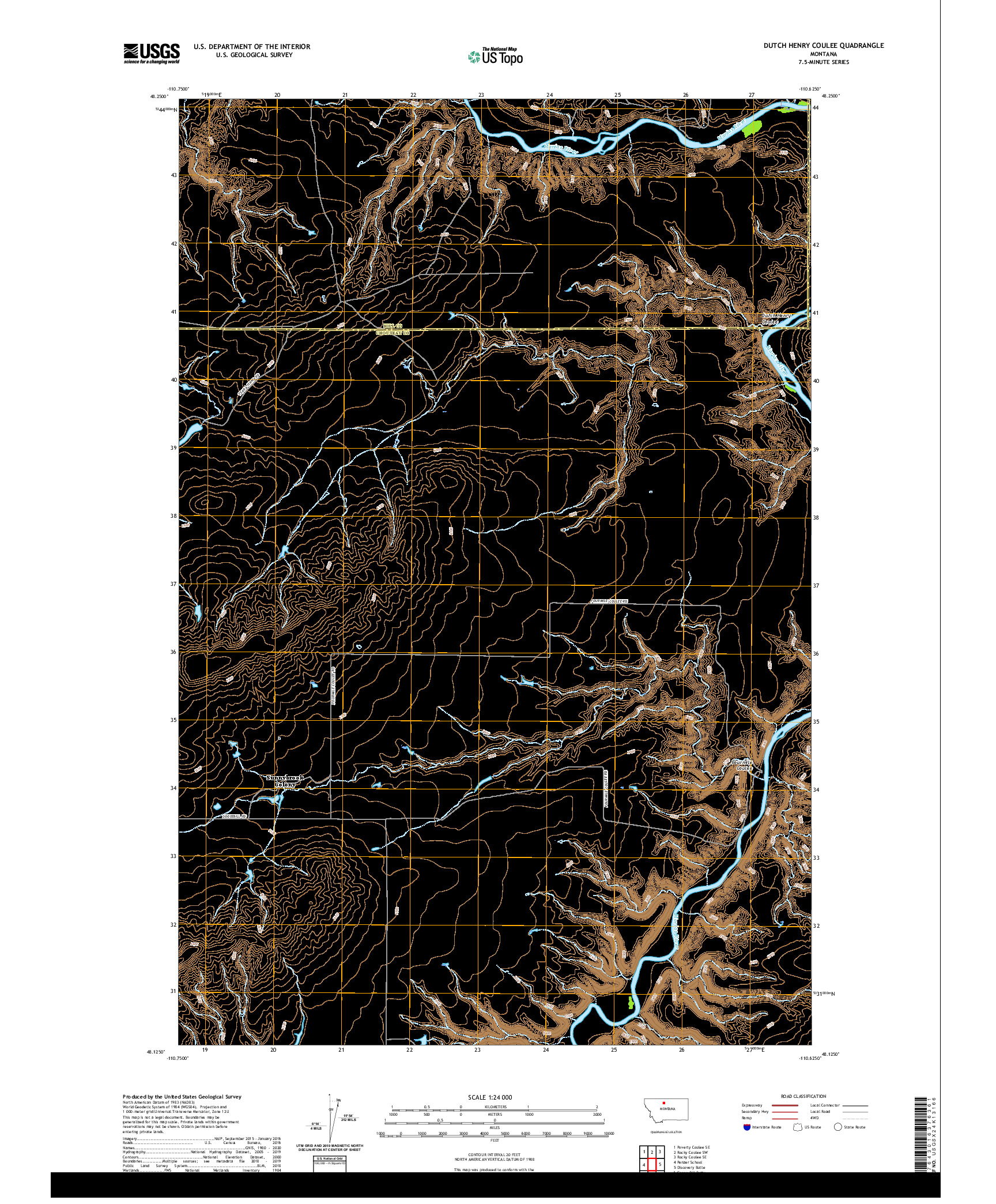 USGS US TOPO 7.5-MINUTE MAP FOR DUTCH HENRY COULEE, MT 2020