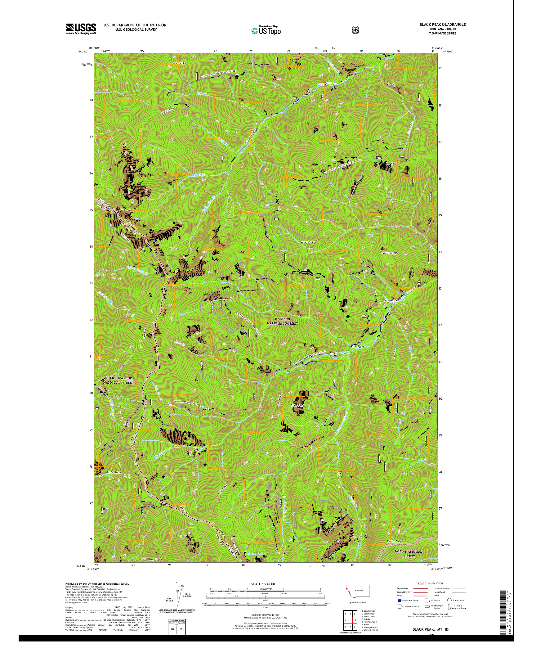 USGS US TOPO 7.5-MINUTE MAP FOR BLACK PEAK, MT,ID 2020