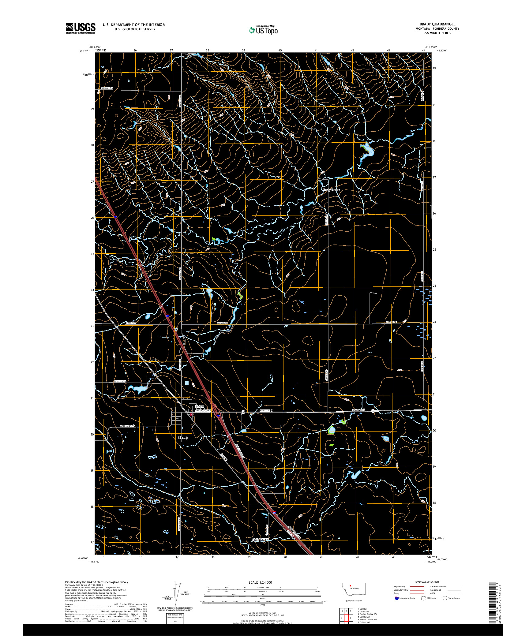 USGS US TOPO 7.5-MINUTE MAP FOR BRADY, MT 2020