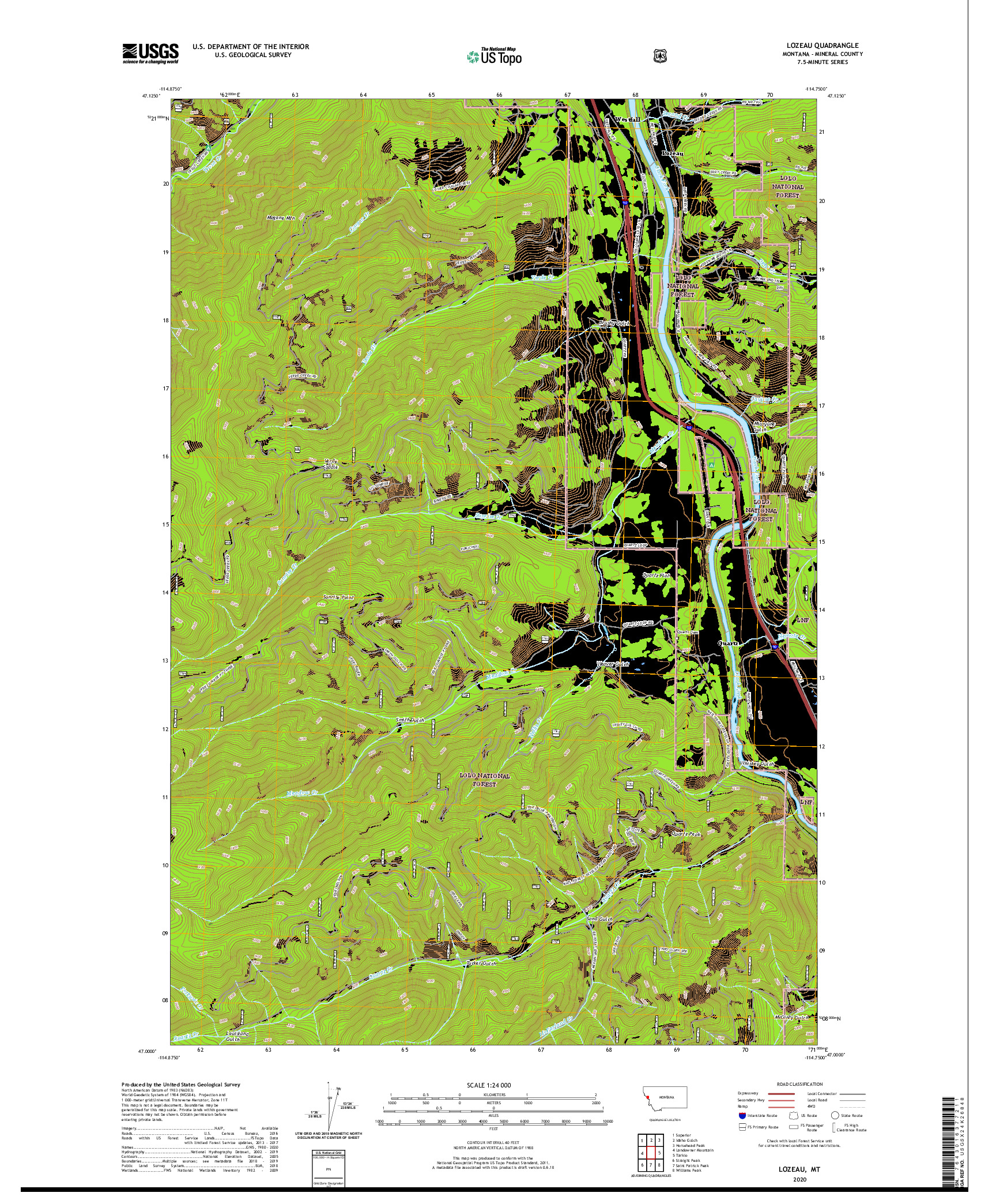 USGS US TOPO 7.5-MINUTE MAP FOR LOZEAU, MT 2020