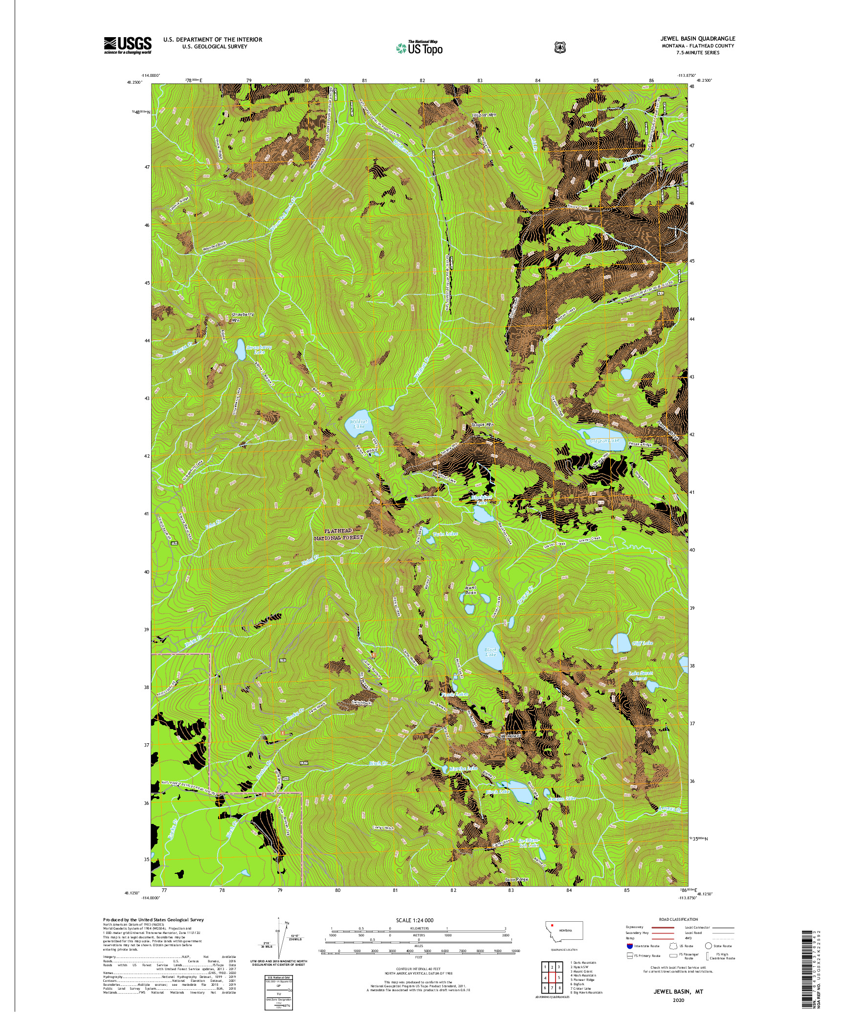 USGS US TOPO 7.5-MINUTE MAP FOR JEWEL BASIN, MT 2020