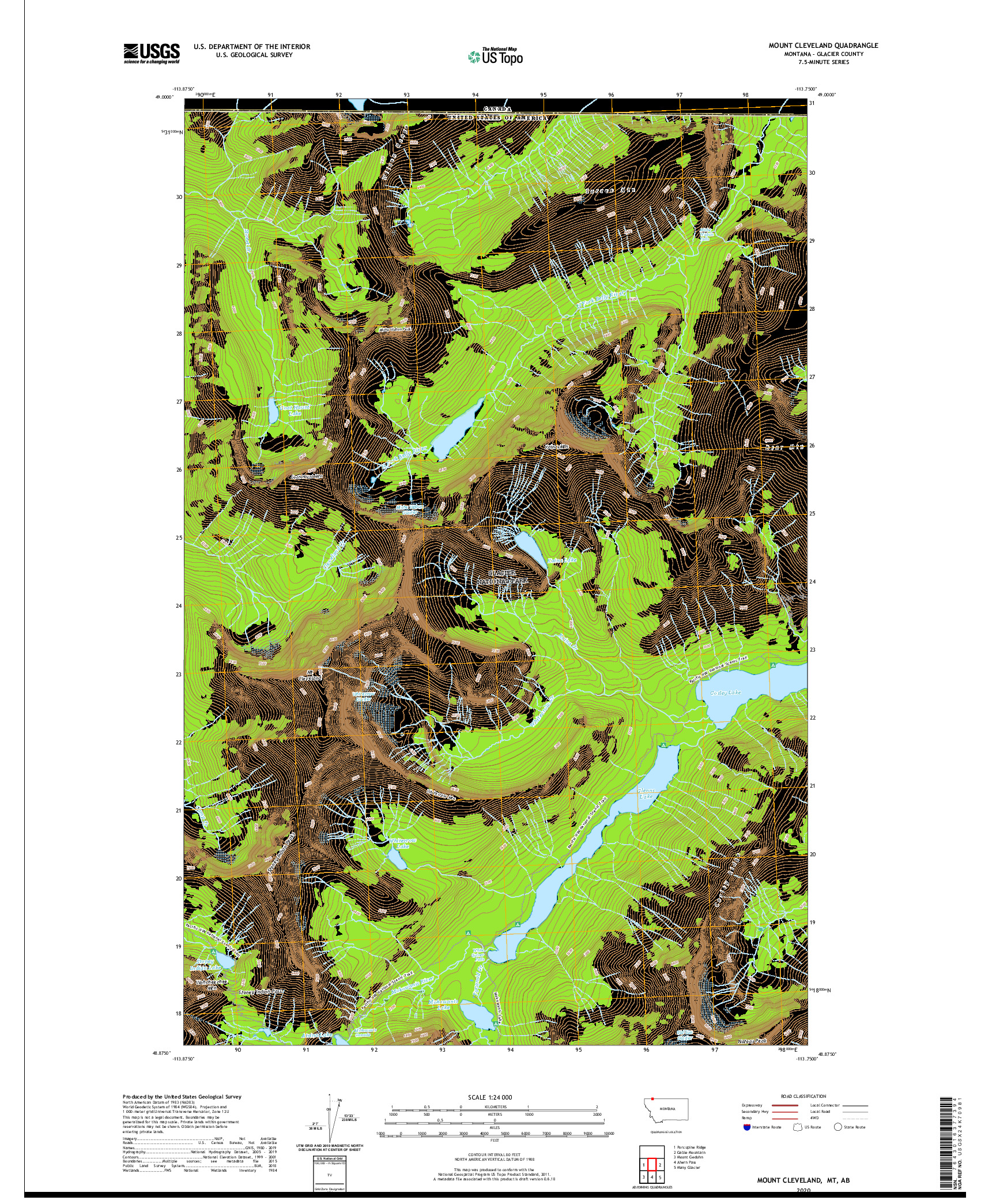 USGS US TOPO 7.5-MINUTE MAP FOR MOUNT CLEVELAND, MT,AB 2020