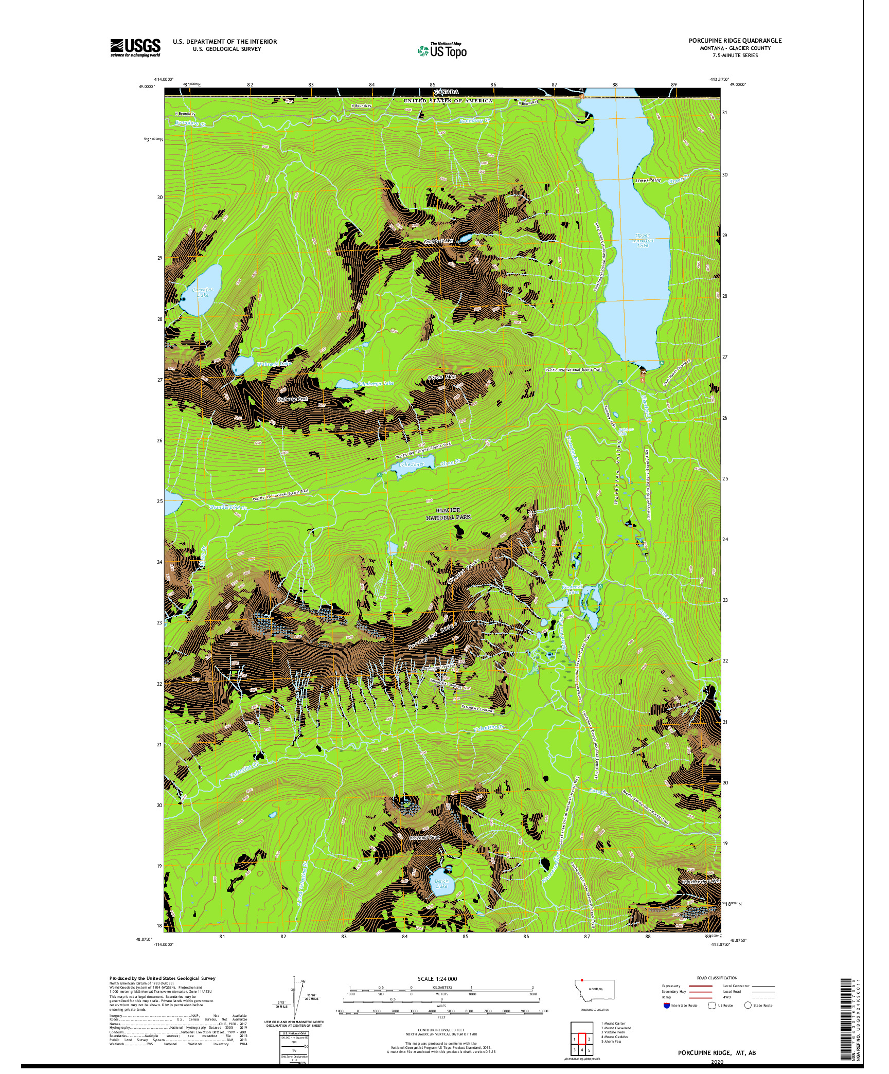 USGS US TOPO 7.5-MINUTE MAP FOR PORCUPINE RIDGE, MT,AB 2020