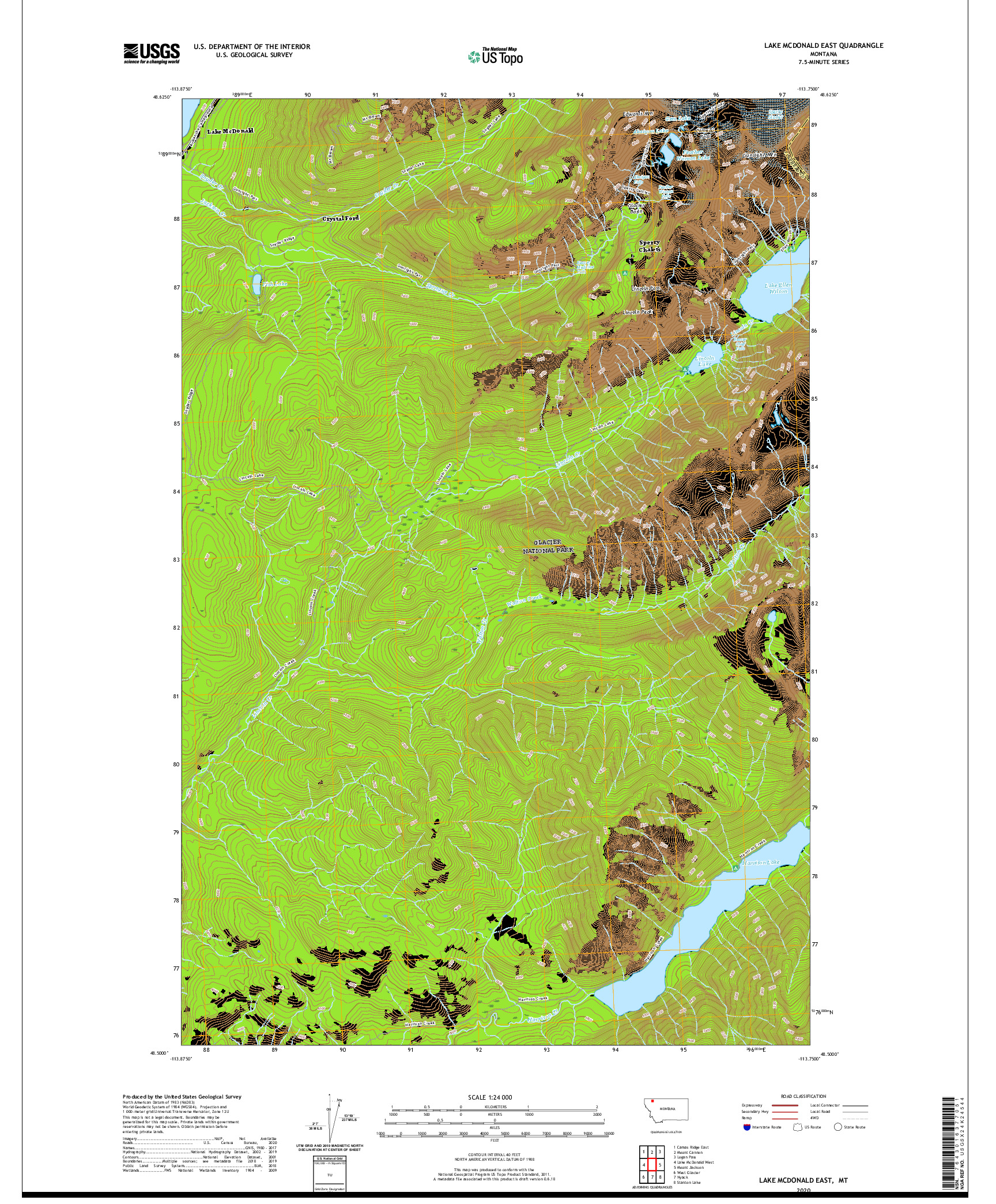 USGS US TOPO 7.5-MINUTE MAP FOR LAKE MCDONALD EAST, MT 2020