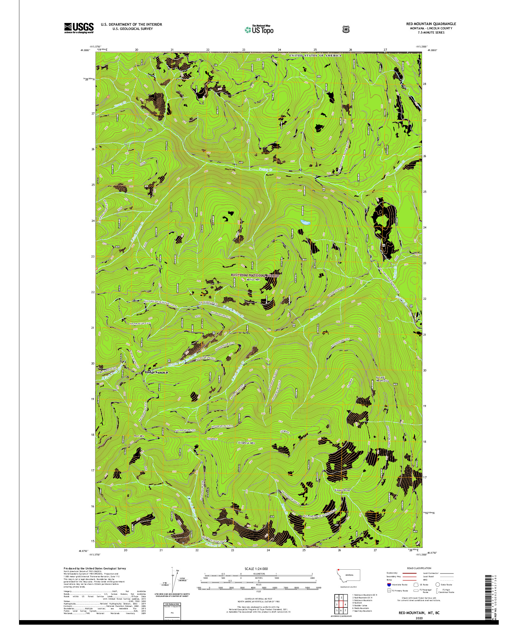 USGS US TOPO 7.5-MINUTE MAP FOR RED MOUNTAIN, MT,BC 2020